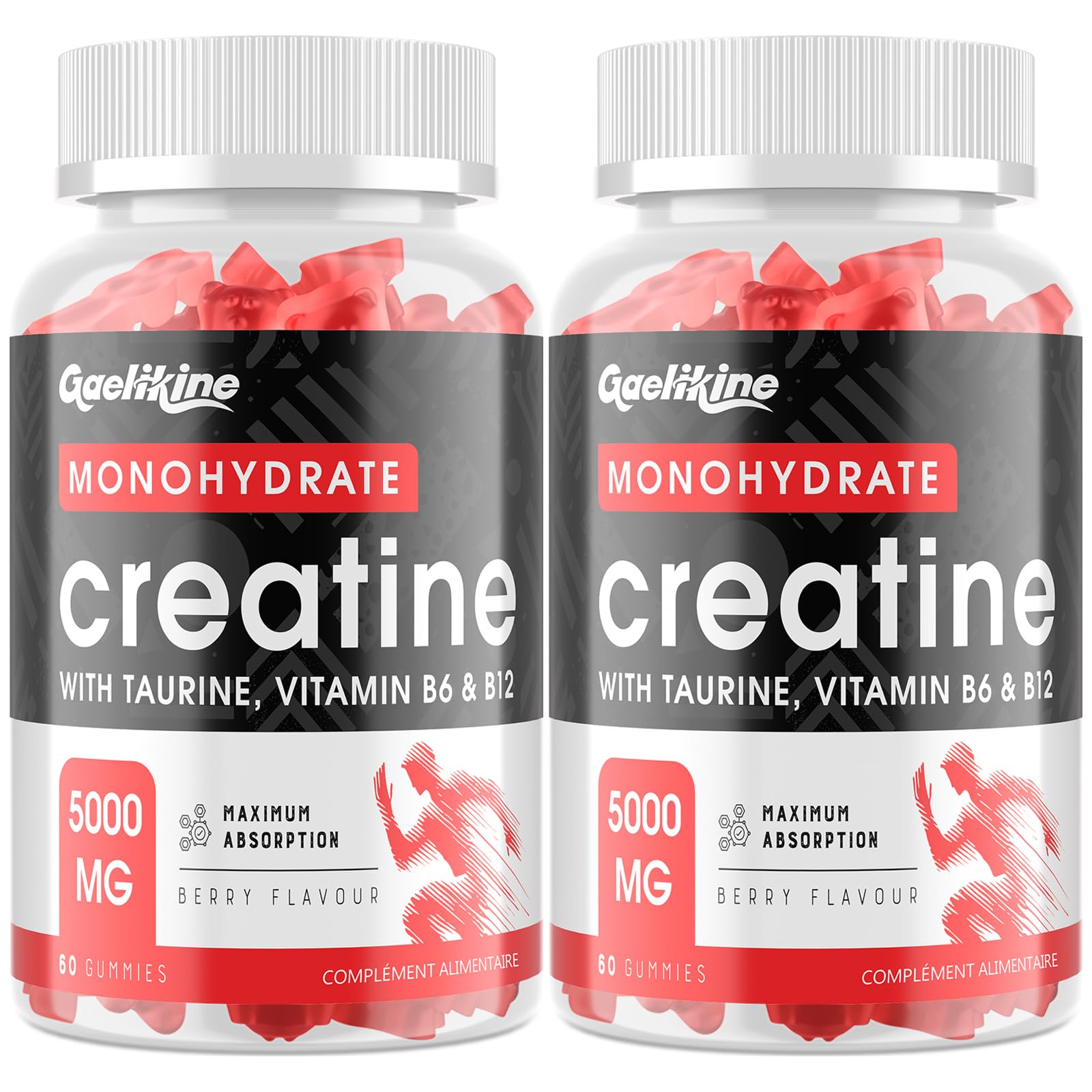 Bonbons Gélifiés à la Créatine Monohydrate 5000mg, Créatine à Haute Dose avec Taurine, Vitamines B12 et B6, Alternative aux Capsules et Poudres de Créatine, Végétalien, 60 Unité (Lot de 2)
