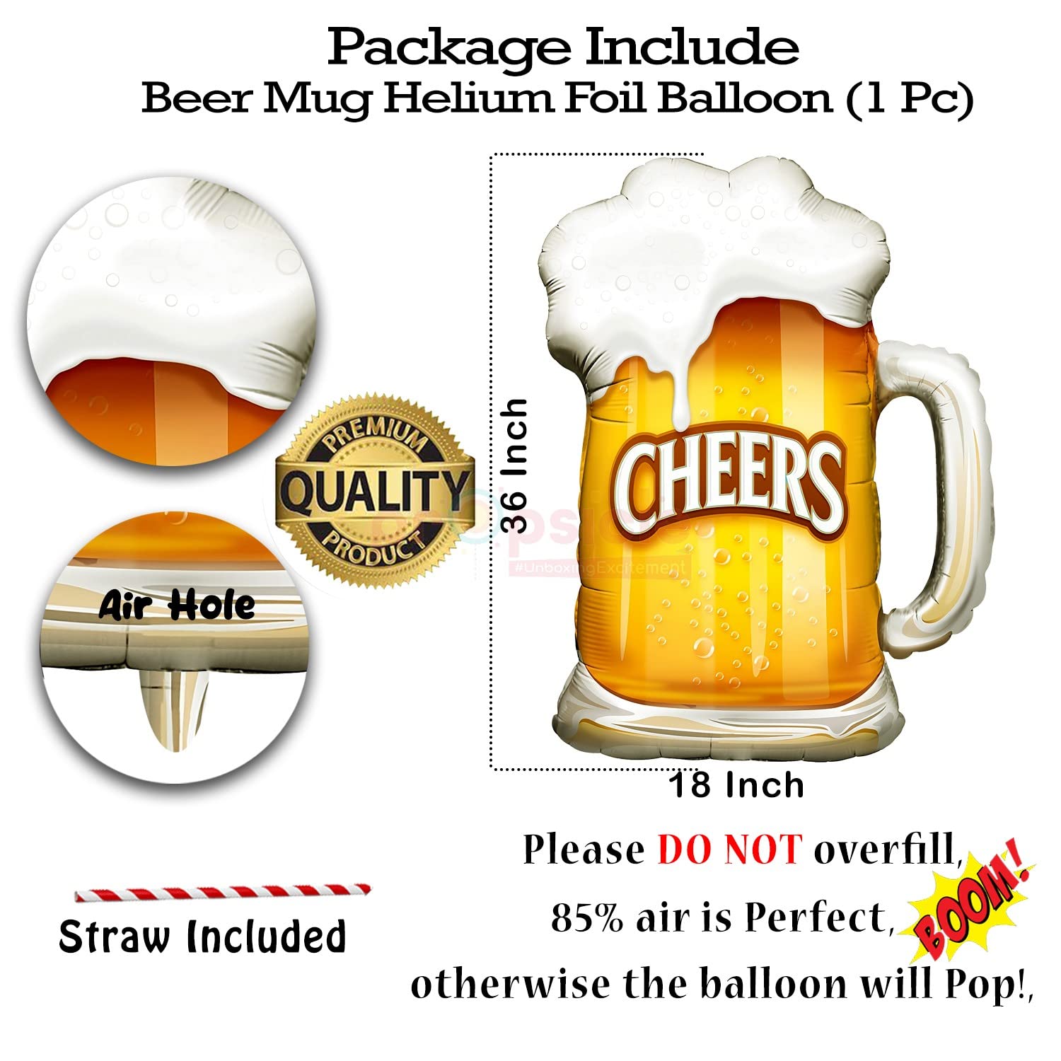Propsicle 36" Large Helium Foil Beer Mug Balloon with Cheers Text for Birthdays, Anniversaries, or Bachelorette Parties - Golden and White - Pack of 1