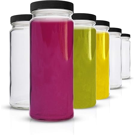 All About Juicing Glass Water Bottles Set - 6 Pack Wide Mouth with Lids for Juice, Smoothies, Beverage Storage - 16 oz, Durable, Reusable, Dishwasher Safe, Leak Proof, Clear, Black Caps