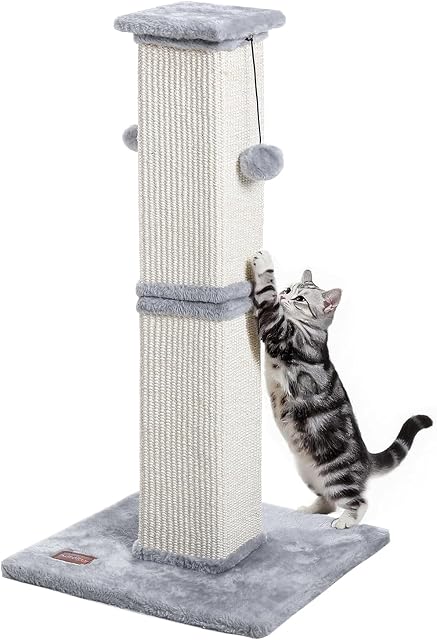 Karolpar Cat Scratching Post, 33Inch Tall Cat Scratch Post for Indoor Cats Adults and Kitten, Sisal Cat Scratcher with Hanging Balls (Grey)