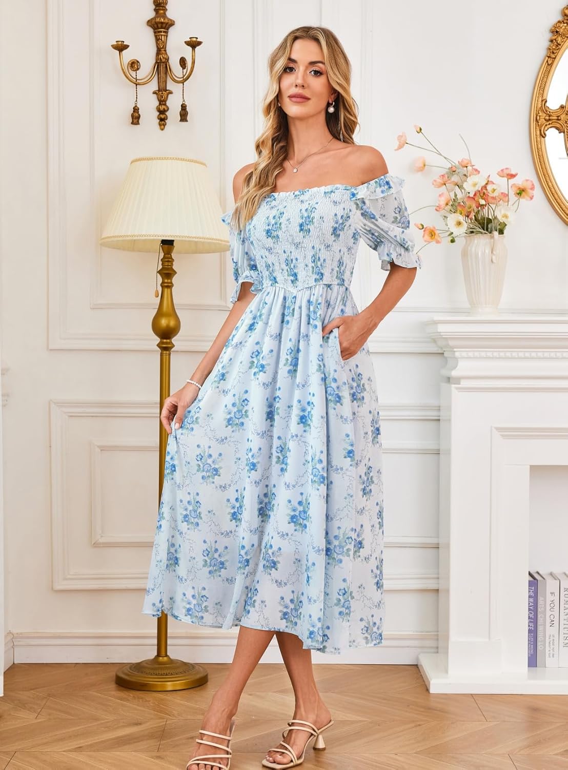 Scarlet Darkness Floral Dress for Women Summer Puff Sleeve Square Neck A Line Flowy Wedding Guest Tea Party Dresses - Image 4