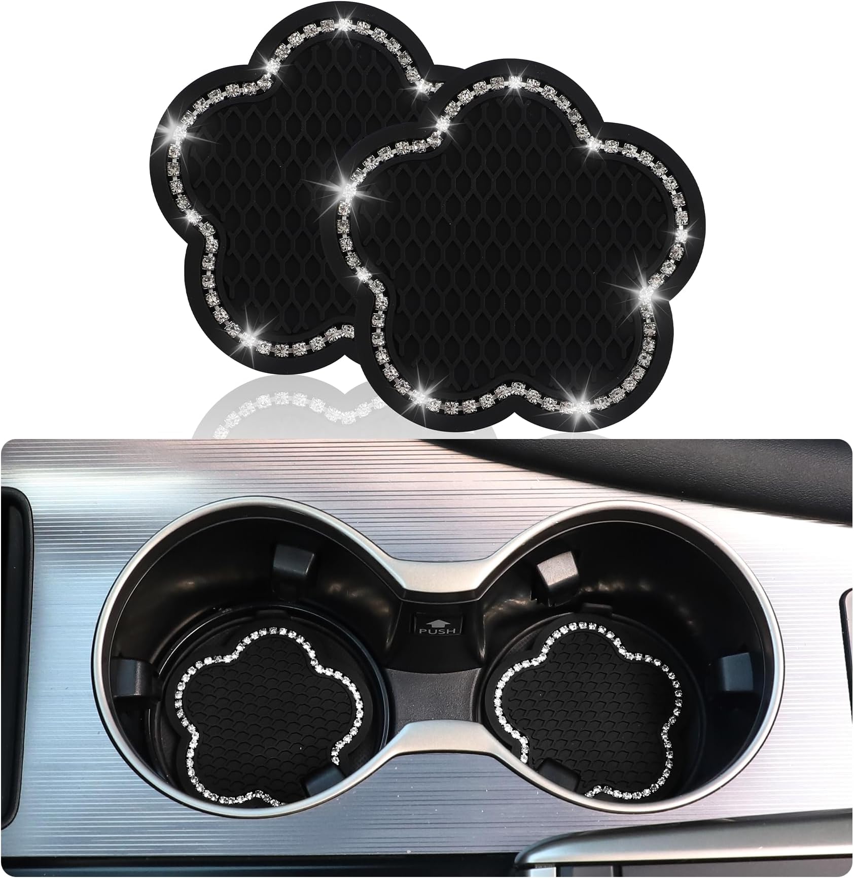 GaRhomxy Car Cup Coaster, 2pcs Universal Non-Slip Bling Cup Holder Coaster, PVC Flower Shaped Car Cup Holder Coaster, Crystal Car Accessories Interior (Black)