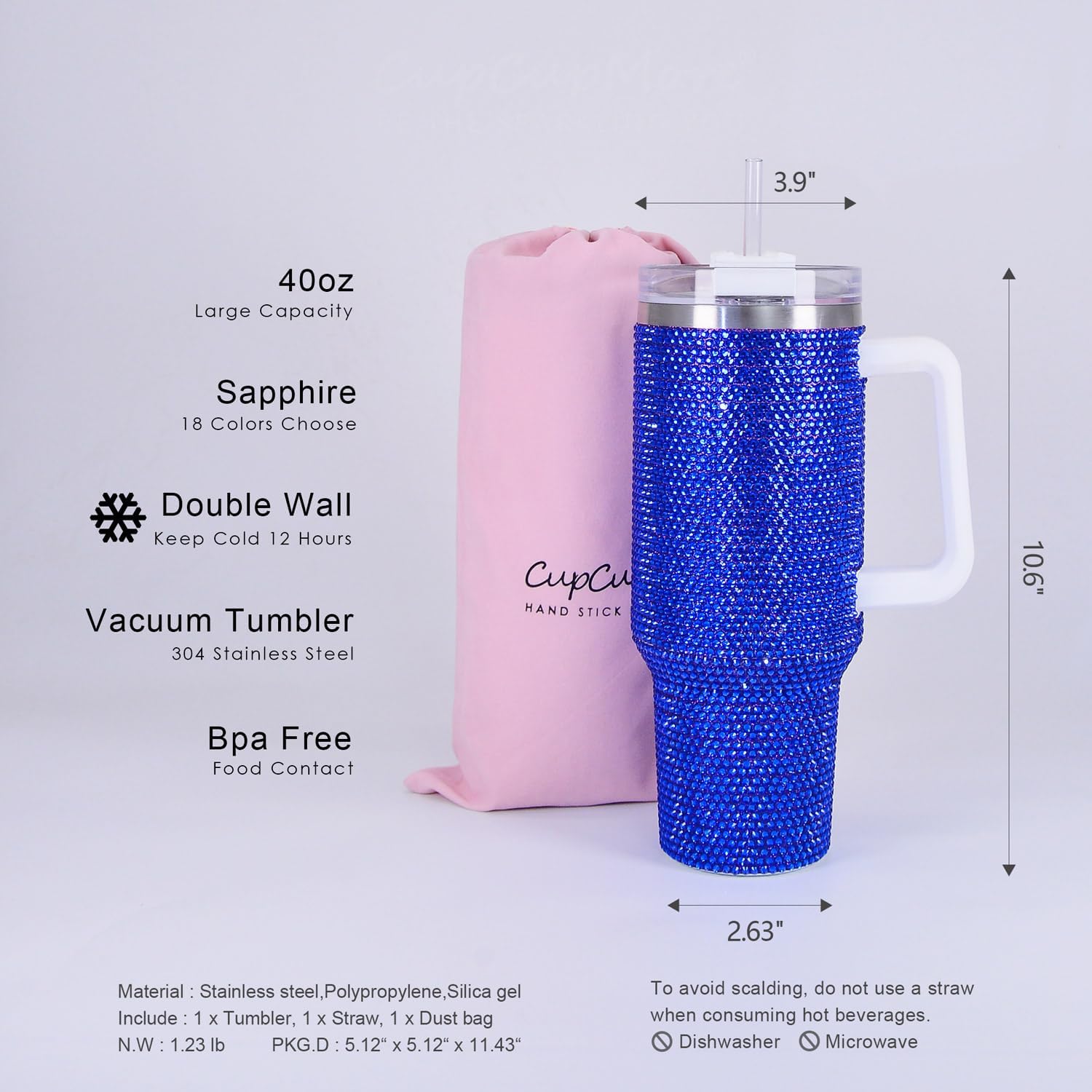 40 oz Sapphire Bling Rhinestone Stainless Steel Sippy Tumbler Glitter Vacuum Insulated Water Bottle with Straw & Lid &Handle,Sparkle Car Cup Holder,Keeps Cold 12 Hours Drinks,Coffee
