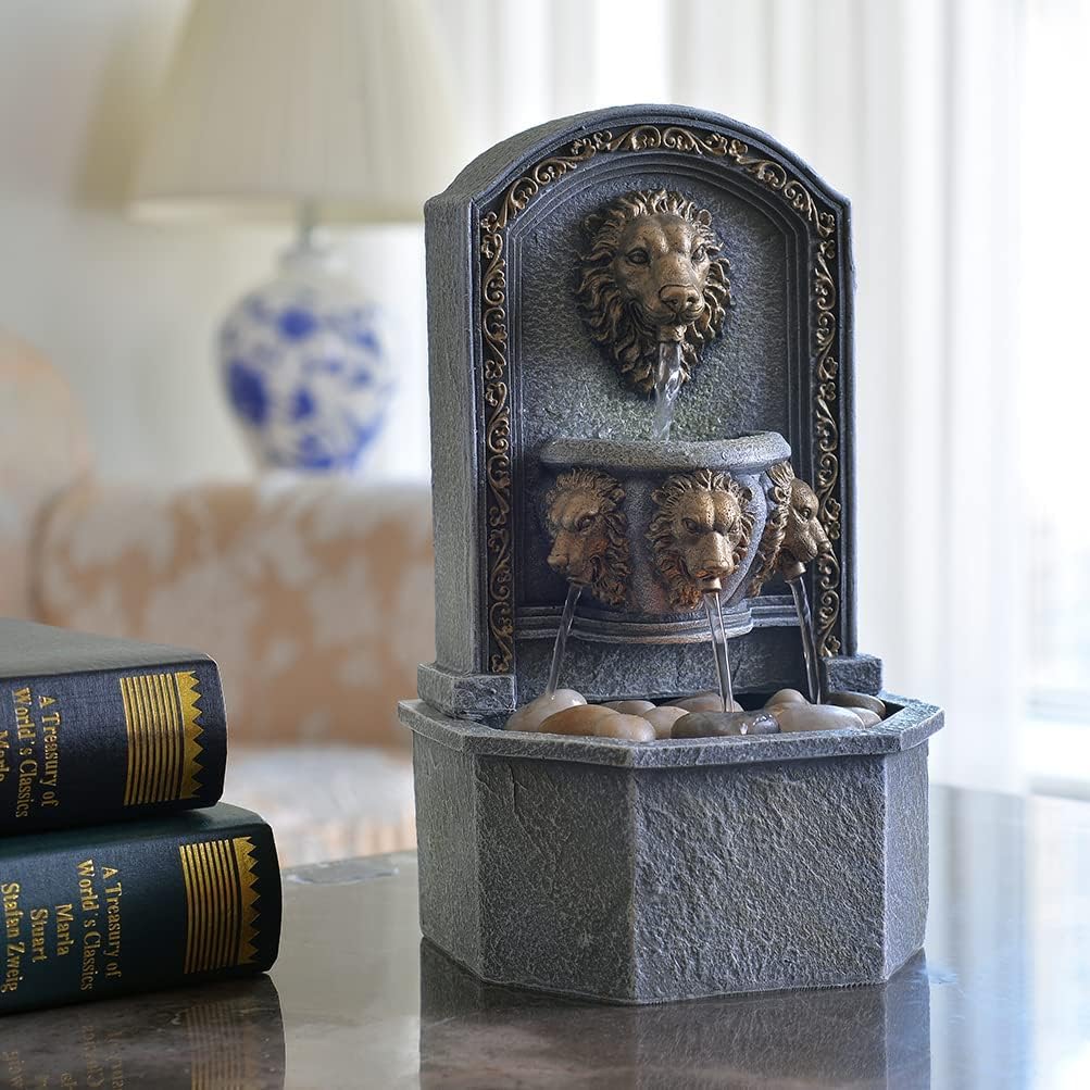 GOSSI Indoor Tabletop Fountain Combo - Classic Lion Head & Sitting Buddha