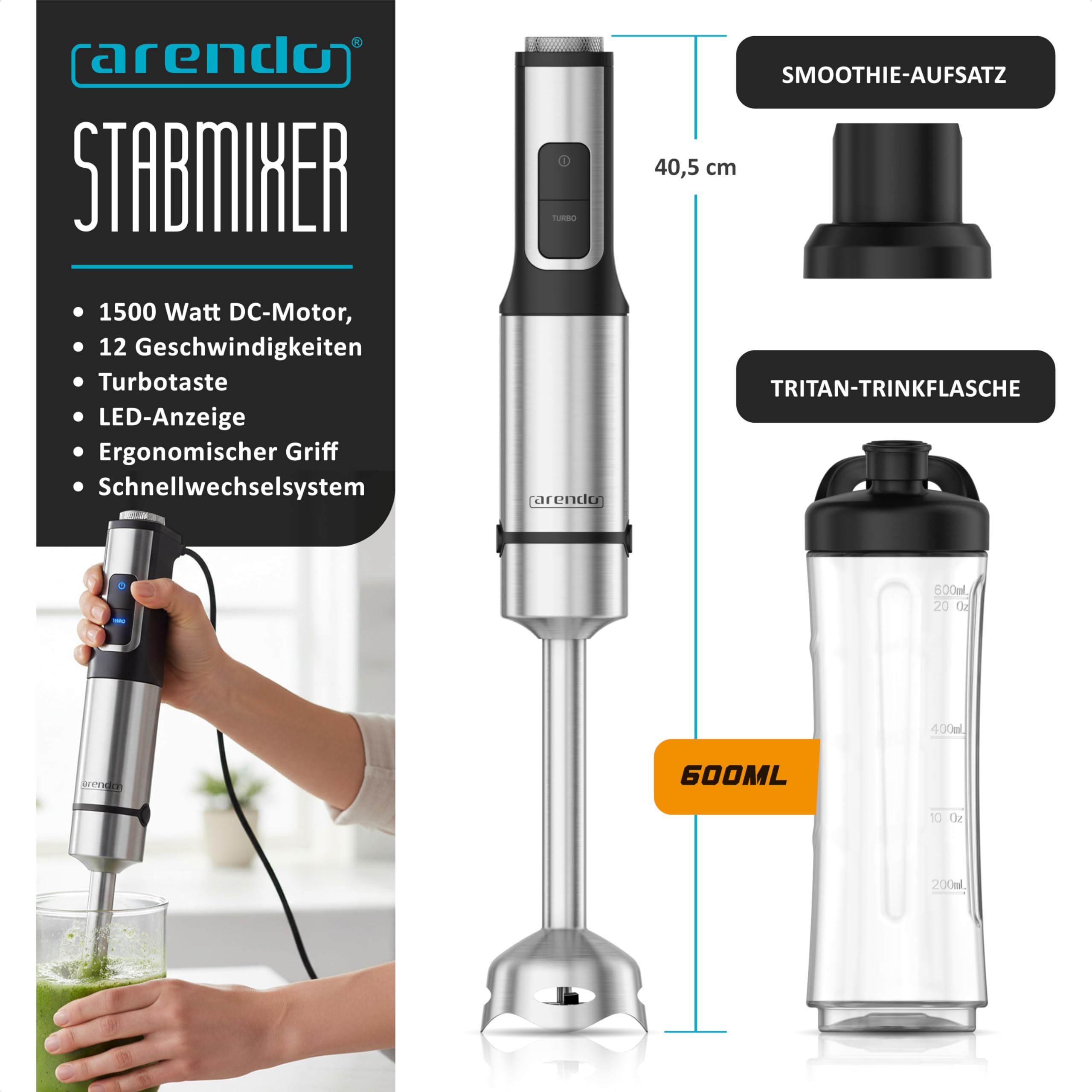 Arendo - Edelstahl Stabmixer 1500 Watt – Standmixer mit Trinkflasche Deckel und Messereinheit - Handmixer - Pürierstab - 12 Geschwindigkeitsstufen - Turbotaste – Smoothie Maker