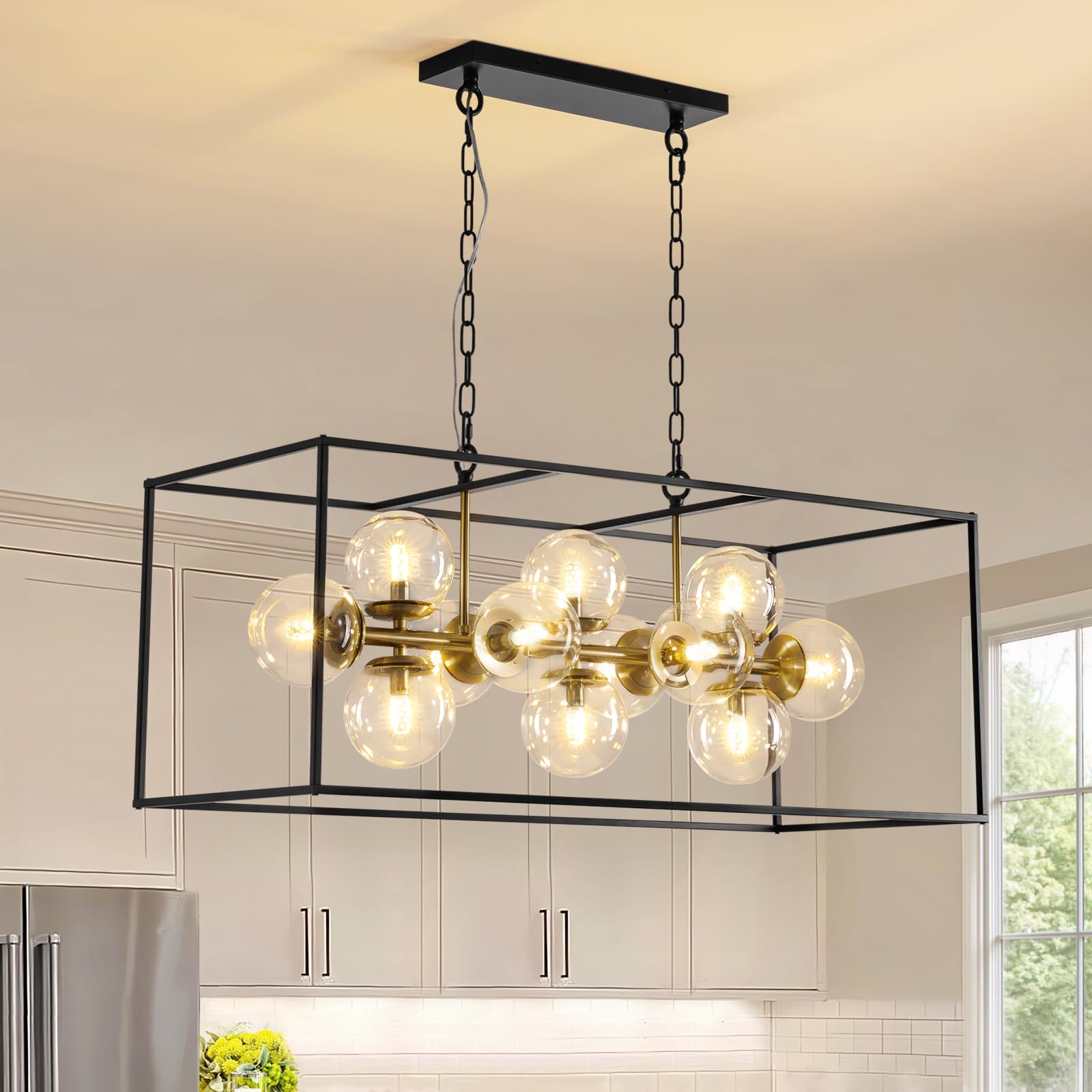 Siljoy 12 Lights Modern Bubble Chandelier Black Gold Rectangle Mid Century Sputnik Chandelier with Clear Glass Globe Farmhouse Pendant Ceiling Light for Dining Room Kitchen Island L38''