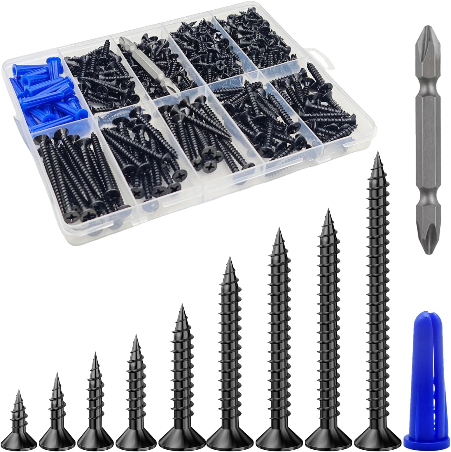 Wensilon (385PCS) Flat Head Black Wood Screws, Quick Metal self Tapping Flat Head, Equipped with Dry Wall Plastic Anchor kit.