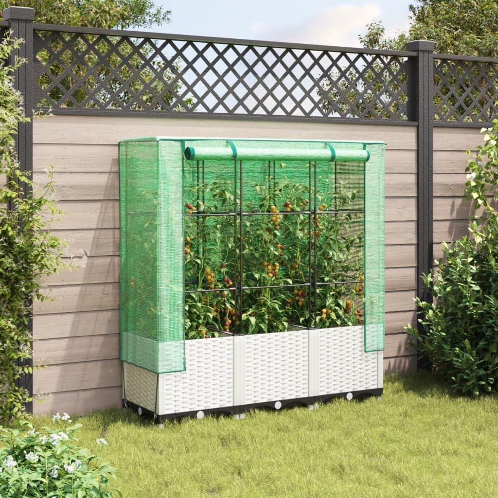 Homgoday Hochbeet mit Gewächshaus-Aufsatz Pflanzkasten Gemüsebeet Blumenbeet Blumenkasten Gartenbeet Pflanzbeet Frühbeet für Balkon Garten Terrasse Rattan-Optik 120x40x138 cm Weiß