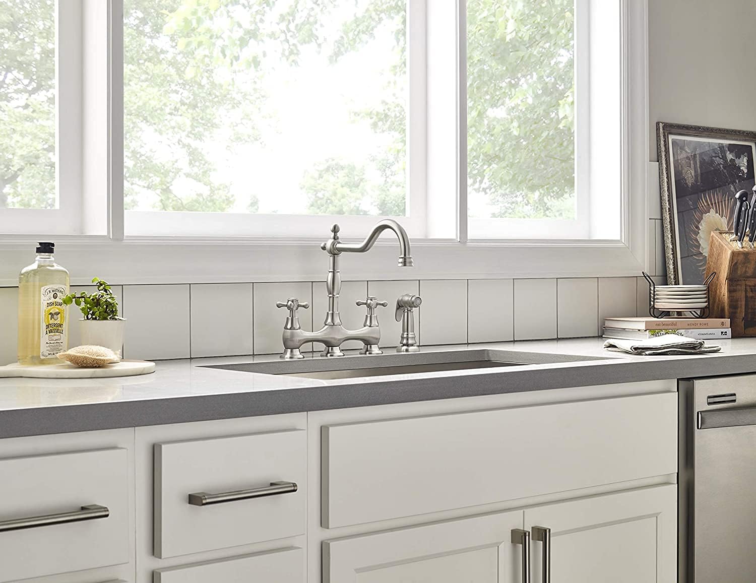 Gerber Opulence Bridge Kitchen Faucet with Side Spray – 2-Handle Farmhouse Sink Faucet, Traditional Style, Swivel Spout, Heavy-Duty Brass, 8-Inch Center, 4-Hole Deck Mount in Stainless Steel
