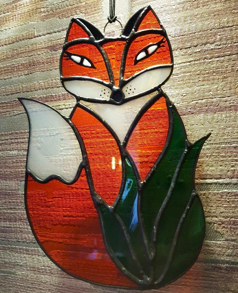 Red Fox Stained Glass Suncatcher Window Panel Hanging Lovely Wild Animal Ornament