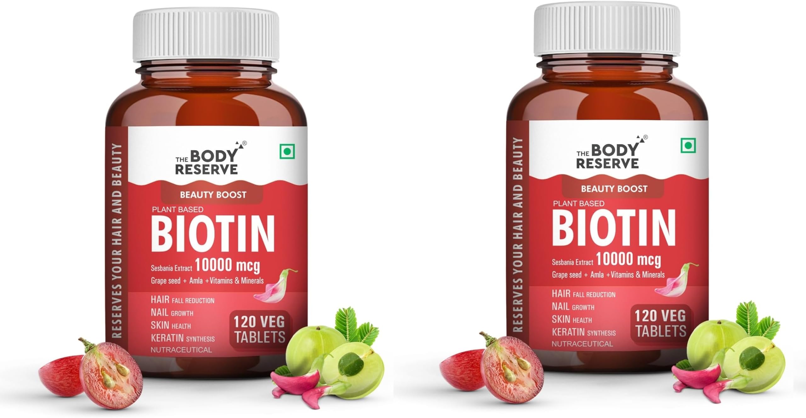 The Body Reserve Plant Based Biotin Tablets -120 Veg Tablets, Biotin from Sesbania with Amla, Grapeseed & Hair Multivitamins, Hair Growth, Strong Hair, Glowing Skin, Nails For Men Women, Pack of 2