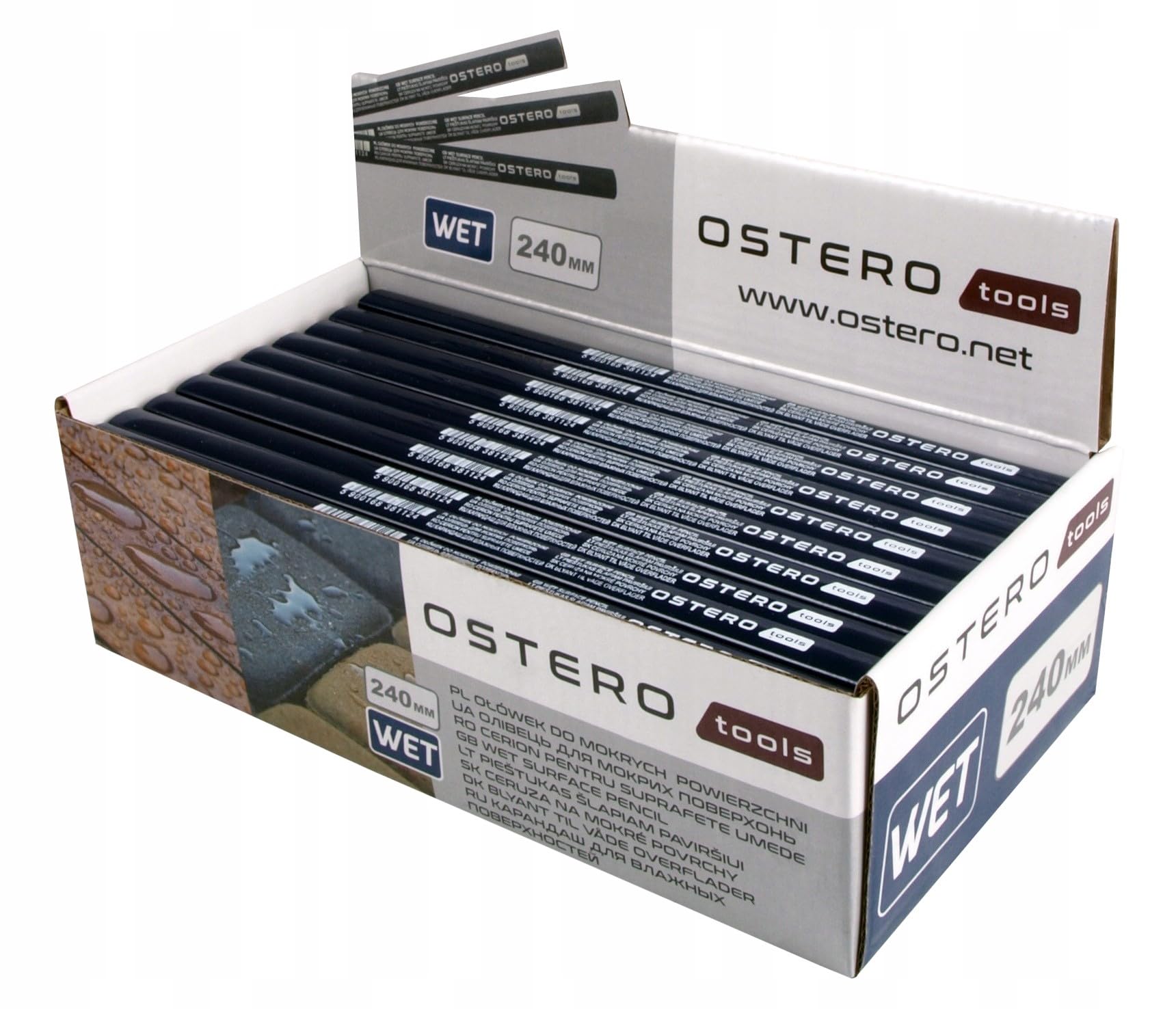 Matite da carpentiere per superficie bagnata - Matita da cantiere - Set da 100 pezzi - Matite piatte - Lunghezza 240 mm - Colore cassa: blu scuro - Durezza WET - Matita OLO2112