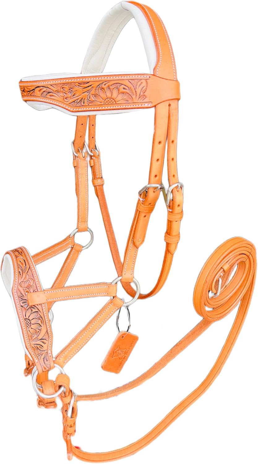 Natural Toned Leather Sidepull Bitless Bridle with White Cow Soft Leather Padding | Full Leather reins | (Natural, Full)