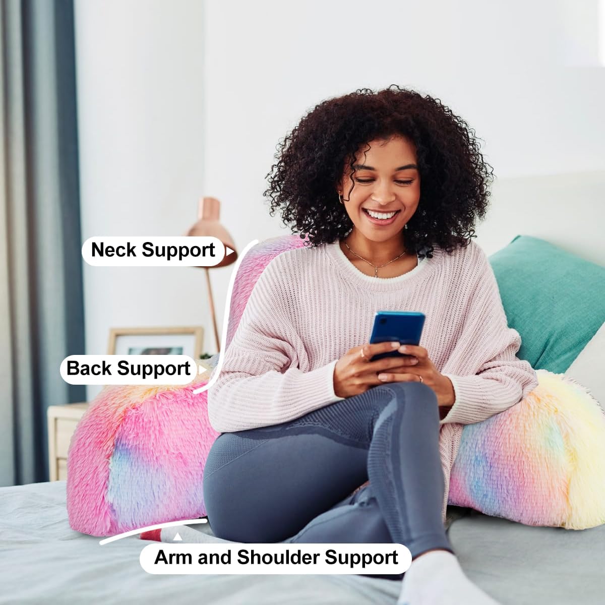 Holawakaka Large Faux Fur Bed Rest Pillow with Arms,Tie Dye Reading Pillows Perfect for Adults Teens Women, Arm, Back, Bedroom Nursery Playroom Sofa Couch Lounge Backrest Cushion(Multi-Color)