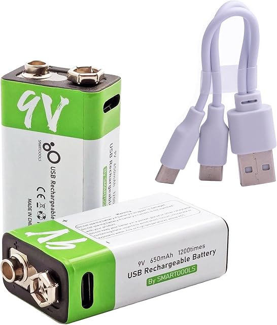 2-Pack 9V Rechargeable PP3 Battery via USB Type-C Lithium Li-ion Battery Cell | Constant 9V | 650mAh @ 9V Capacity (2x9v)