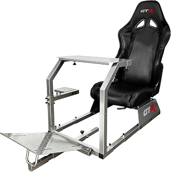 GTA Model Silver Frame with Adjustable Black Leatherette Racing Seat Racing Driving Gaming Simulator Cockpit Chair