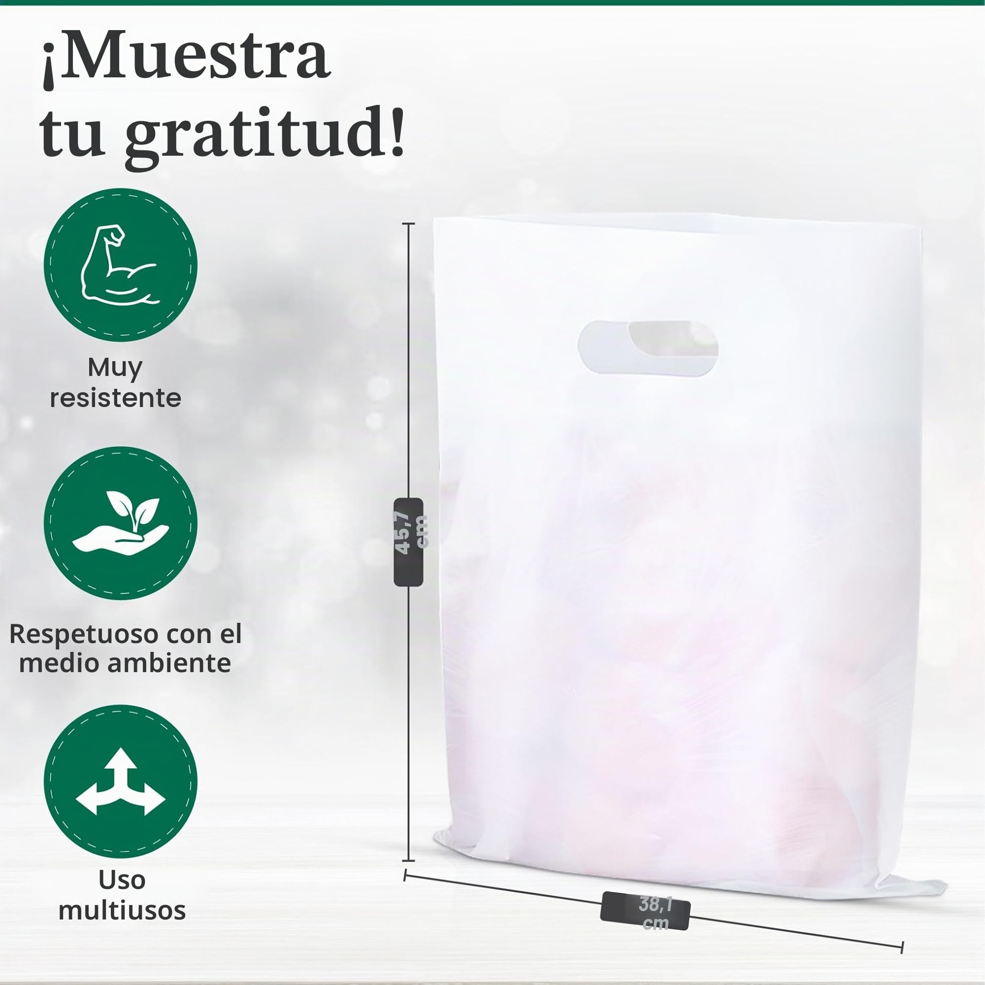 100 bolsas de transporte con asa de parche blanco | Bolsas de tamaño grande de 15 x 18 + 3 pulgadas para compras, comestibles, regalo, boutique, supermercado, dinero en efectivo y