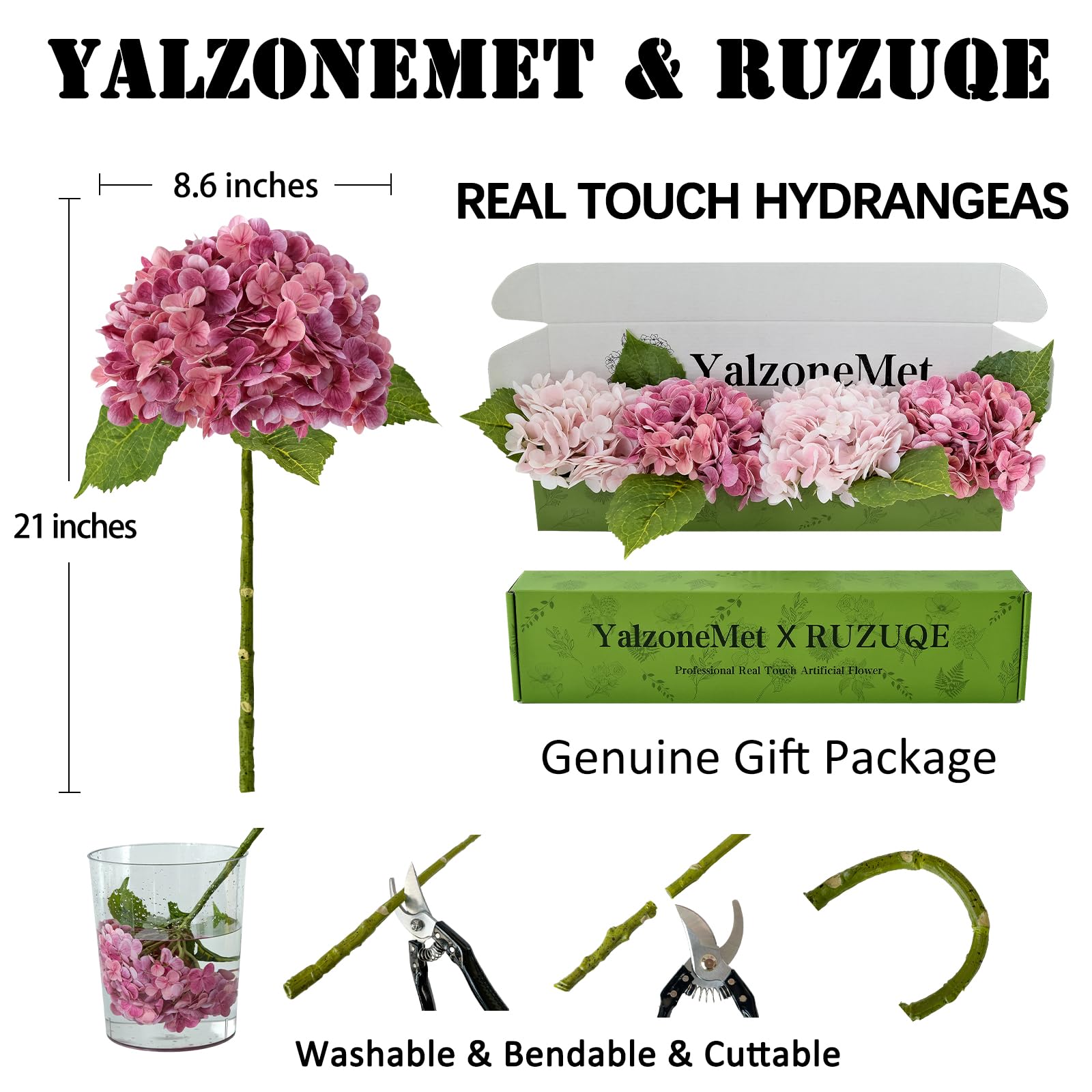 YalzoneMet Künstliche Hortensienblumen, naturgetreu, 53,3 cm langer Latex-Stiel, für Erntedankfest, Zuhause, Küchendekoration, Hochzeit, Weihnachten, Tischdekoration, Mittelstück, 2 rosa + 2 rosarot