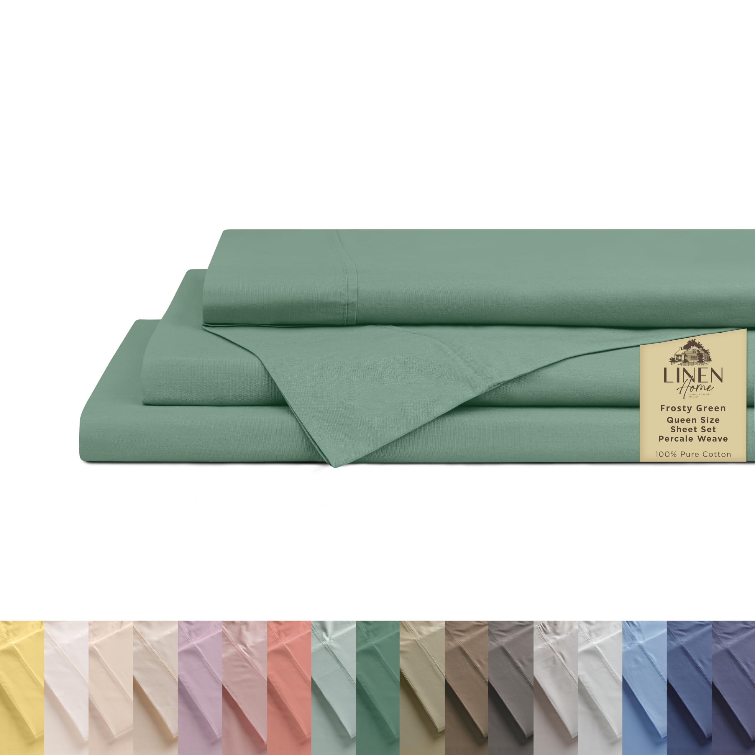 Linen Home 100% Cotton Percale Sheets Queen Size, Frosty Green, Deep Pocket, 4 Pieces Set- 1 Flat, 1 Fitted and 2 Pillowcases, Crisp Cool and Long Staple Strong Bed Linen