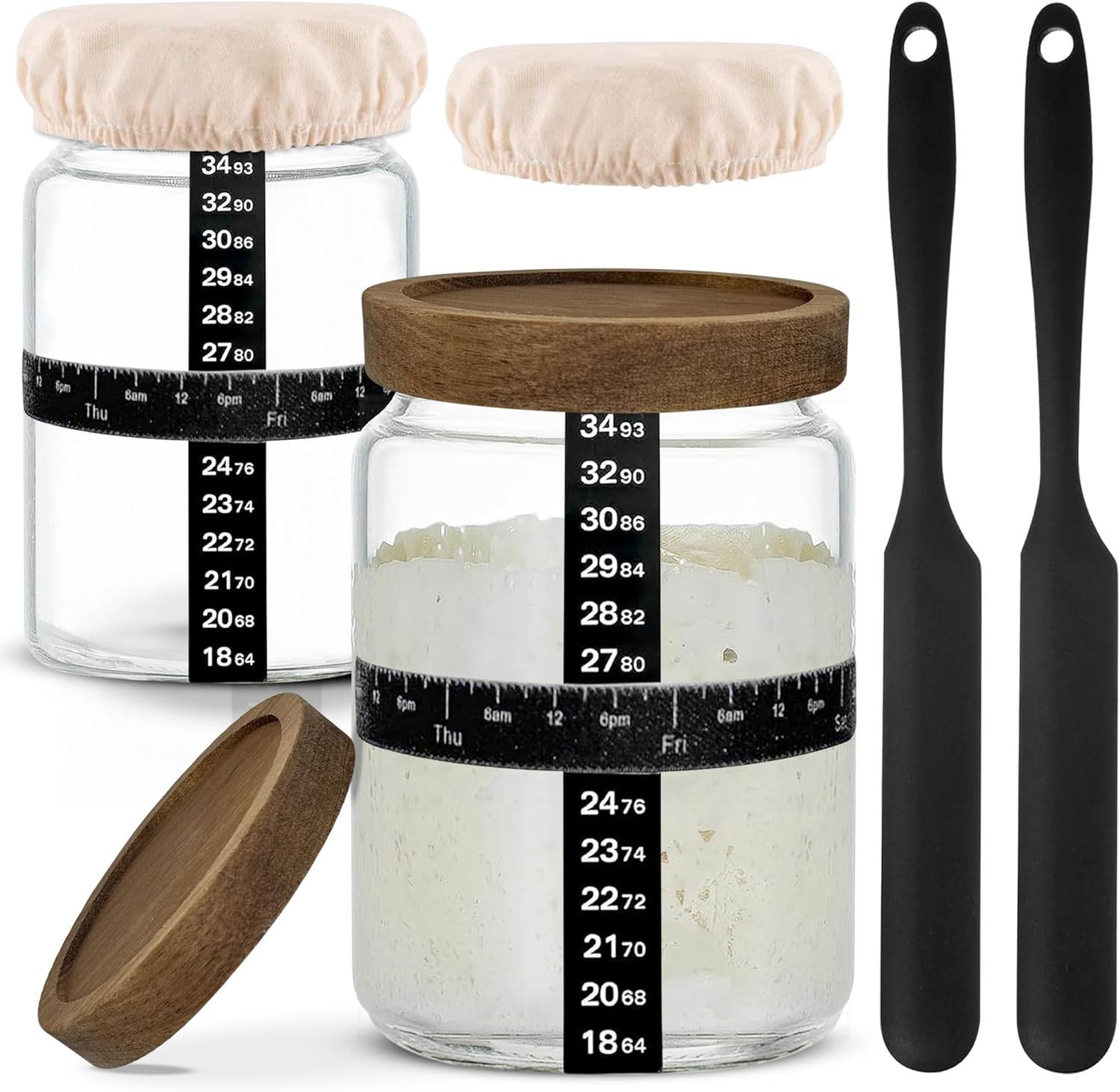 Sourdough Starter Jar Kit Pack Of 2, 24oz Jar with Wooden lids, Ounce Scale Line, Silicon Scraper, Cloth Cover, Thermometer Sticker, Date Marked Feeding Band, Sourdough Jars