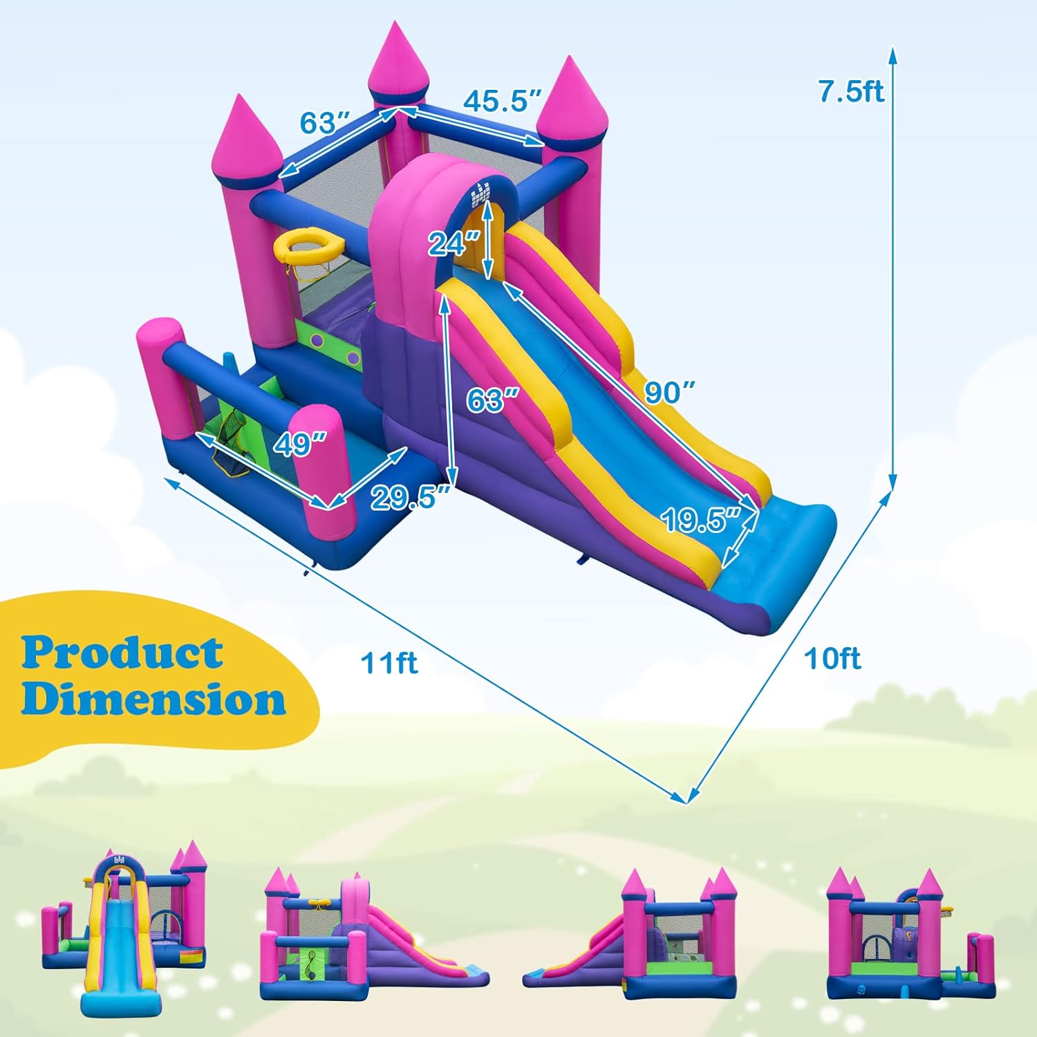 GLACER Inflatable Bounce House, Princess Jumping Castle Air Bounce Playhouse for Kids w/Long Slide, Jumping Area, Splash Pool, Outdoor Jumping House w/Repair Kit, Ground Stakes, 735W Blower