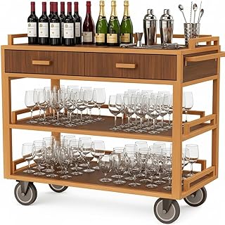 Vintage Bar Cart with Wheels, Rolling Wine Cart with 3 Tier Wood Shelves...