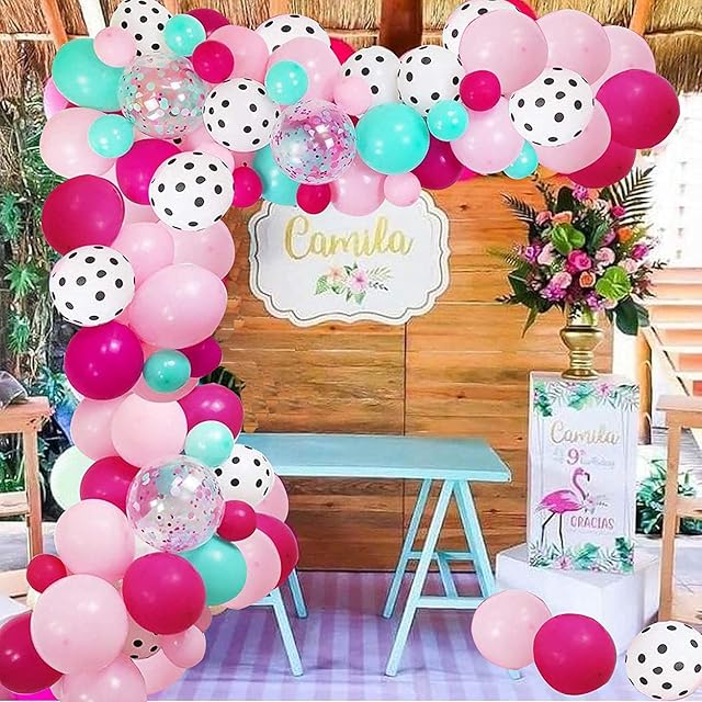 125 Pcs Surprise Party Decorations Balloons Garland Arch Kit, Rose Red Pink Sea Foam Blue White Polka Dots 12" 10'' 5"Latex Confetti Balloon, Surprise Themed for LOL Inspired Birthday Party Supplies