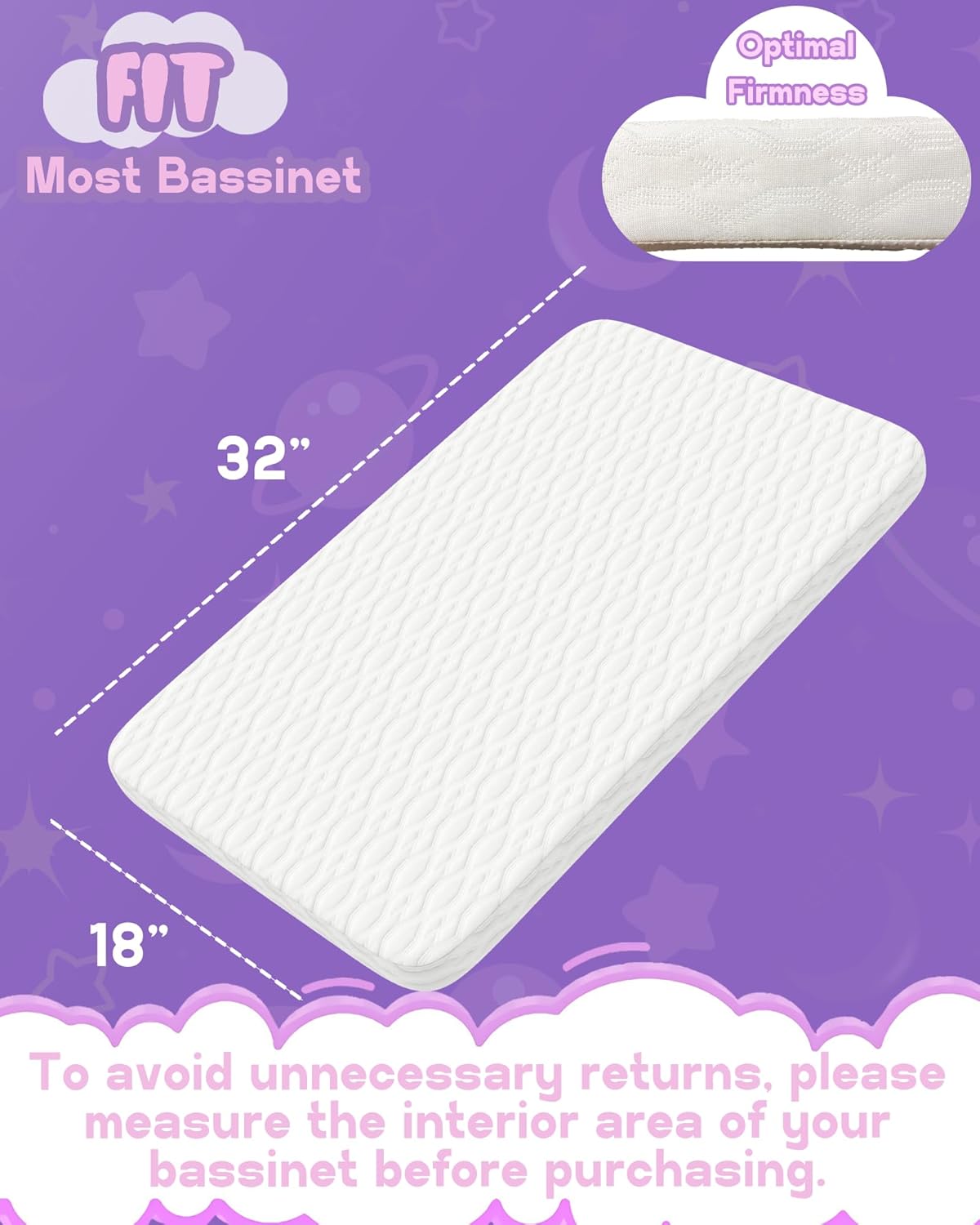 WELLZEE Rectangle Bassinet Mattress 32"x18", fit for RONBEI/Ingenuity/Cuddor Baby Bassinet, Made with 100% Breathable & Washable Cover, Ultra Supportive Foam, Water Resistant Lining