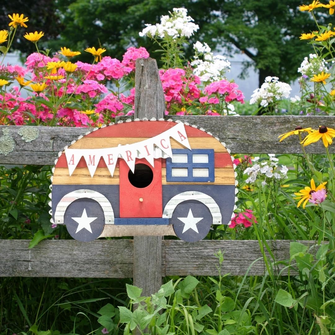 Wooden Americana Bird House – Patriotic Red White and Blue Birdhouse – A Unique and Festive Americana-Themed Addition to Your Garden or Porch – Rustic Gift for Gardeners, Bird Lovers, and Veterans