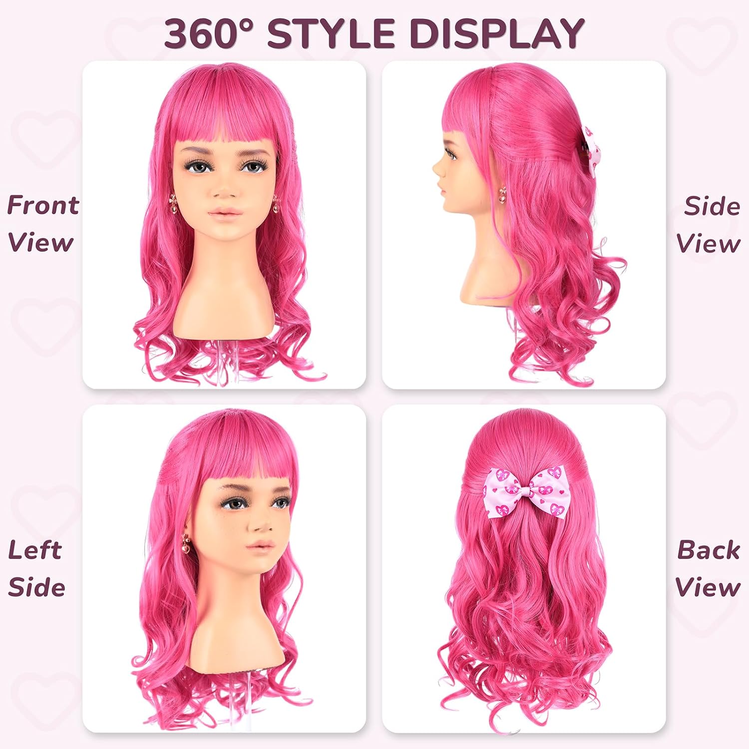 Kids Long Pink Wavy Cosplay Wig with Bow Earrings for Princess Costume