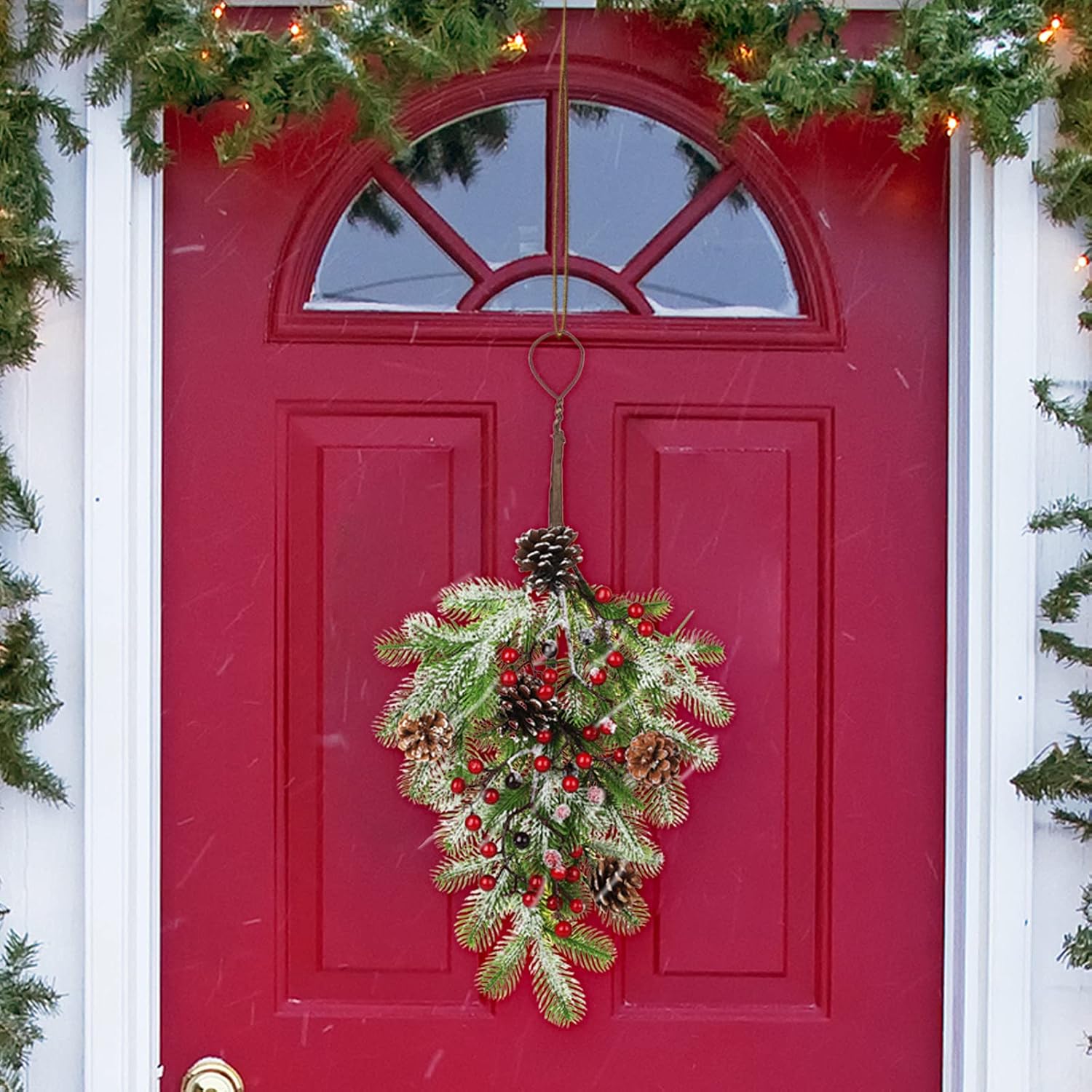 2pcs Artificial Christmas Teardrop, 18in Pine and Pinecone Teardrop, Christmas Teardrop Wreath Teardrop Door Swag for Christmas Home Decor