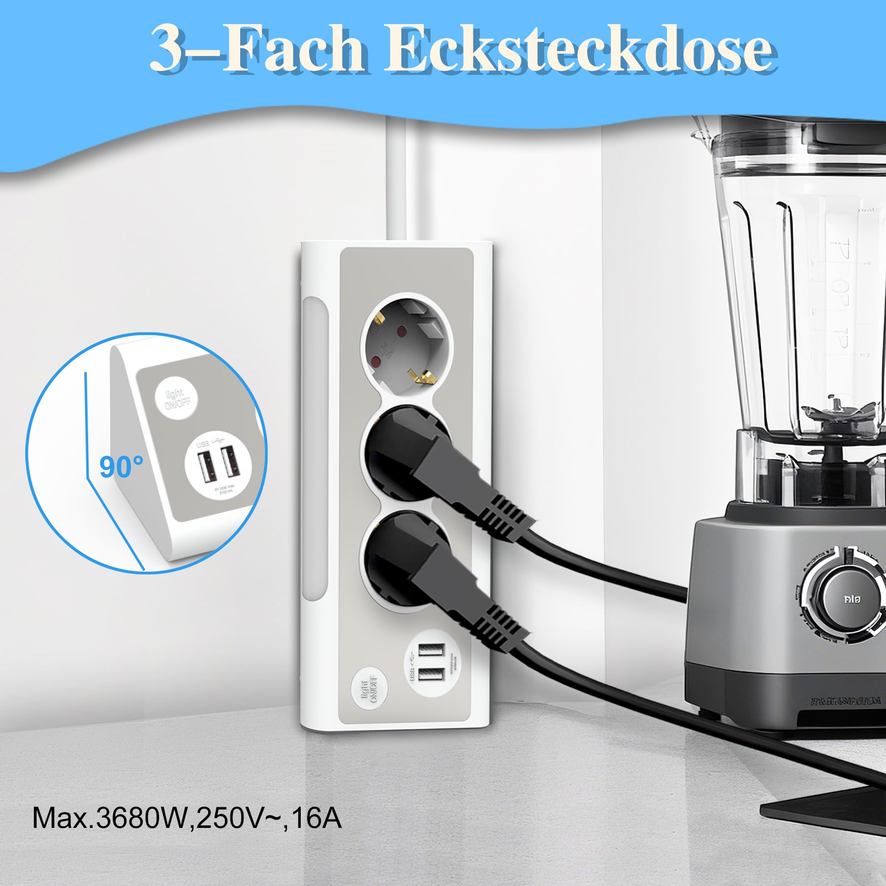KS Mehrfachsteckdose,3-Fach Steckdosenleiste mit USB Und LED-Nachtlicht Tischsteckdose Edelstahlfrontplat Ecksteckdose, überspannungsschutz Steckerleiste für Küche (1,5m) (Packung mit 2)