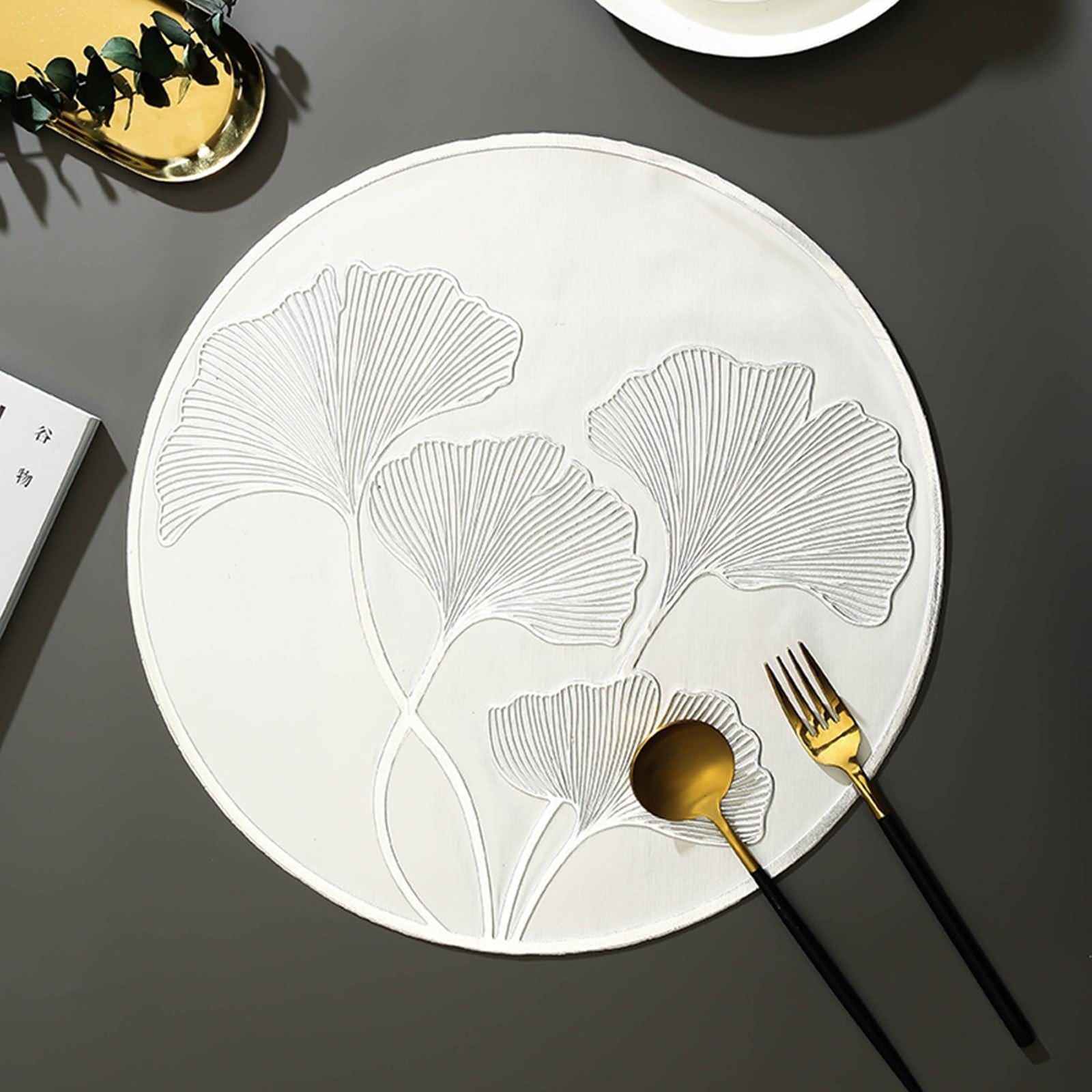 Tischset Weihnachten Elegant 8er Set, Platzset Silber 38cm Ginkgo-Blättermuster PVC