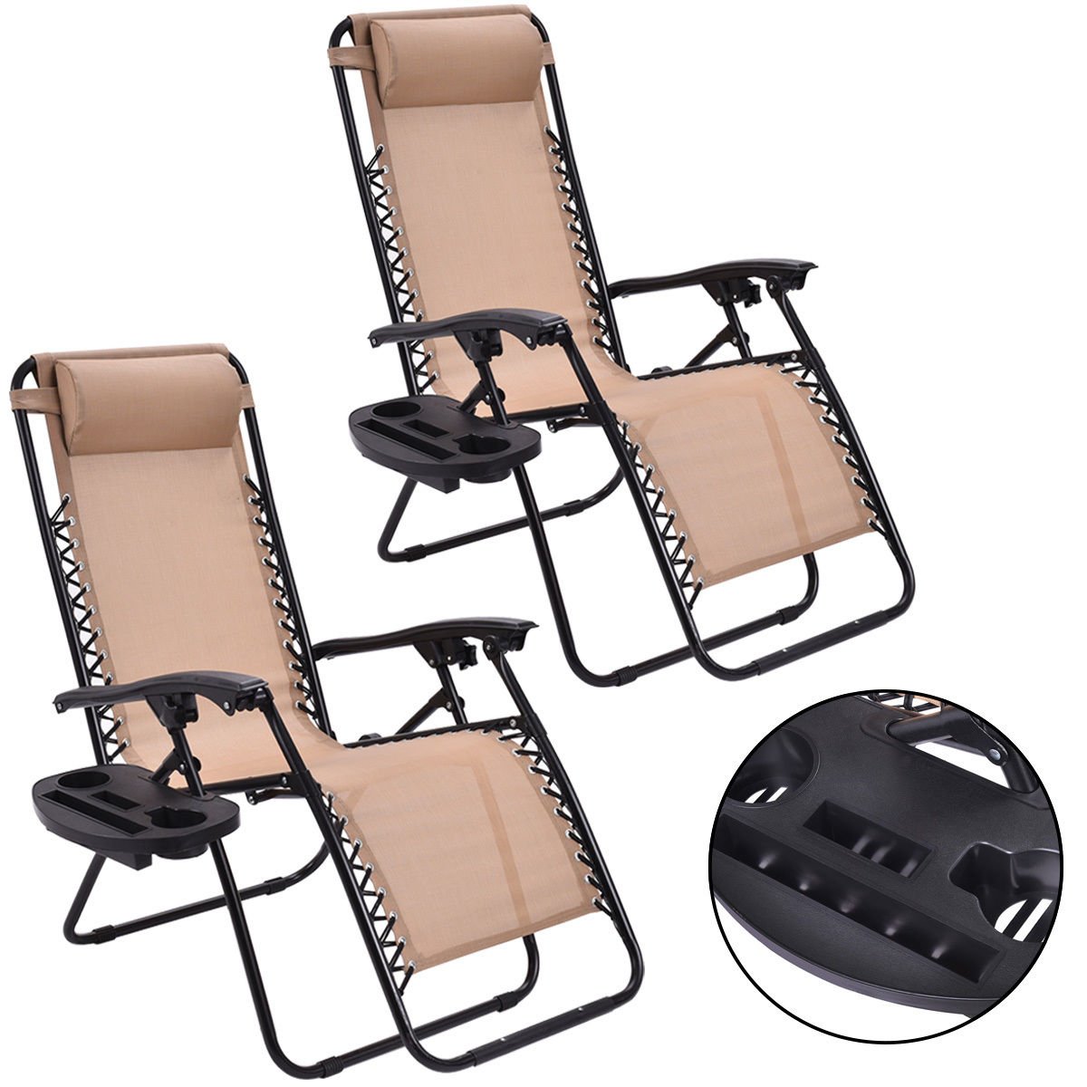 MTN GearsmithNew 2PC Zero Gravity Chairs Lounge Patio Folding Recliner Beige W/Cup Holder