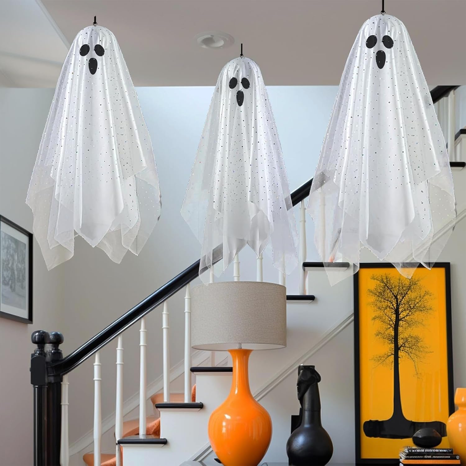 3pcs Halloween Hanging Ghost Decorations Outdoor/Indoor,Light-up White Hanging Ghost Decor Halloween Ornaments,Ghosts of Hallowee n Decor for Tree,Window,Front Yard, Patio, Lawn, Garden, Party