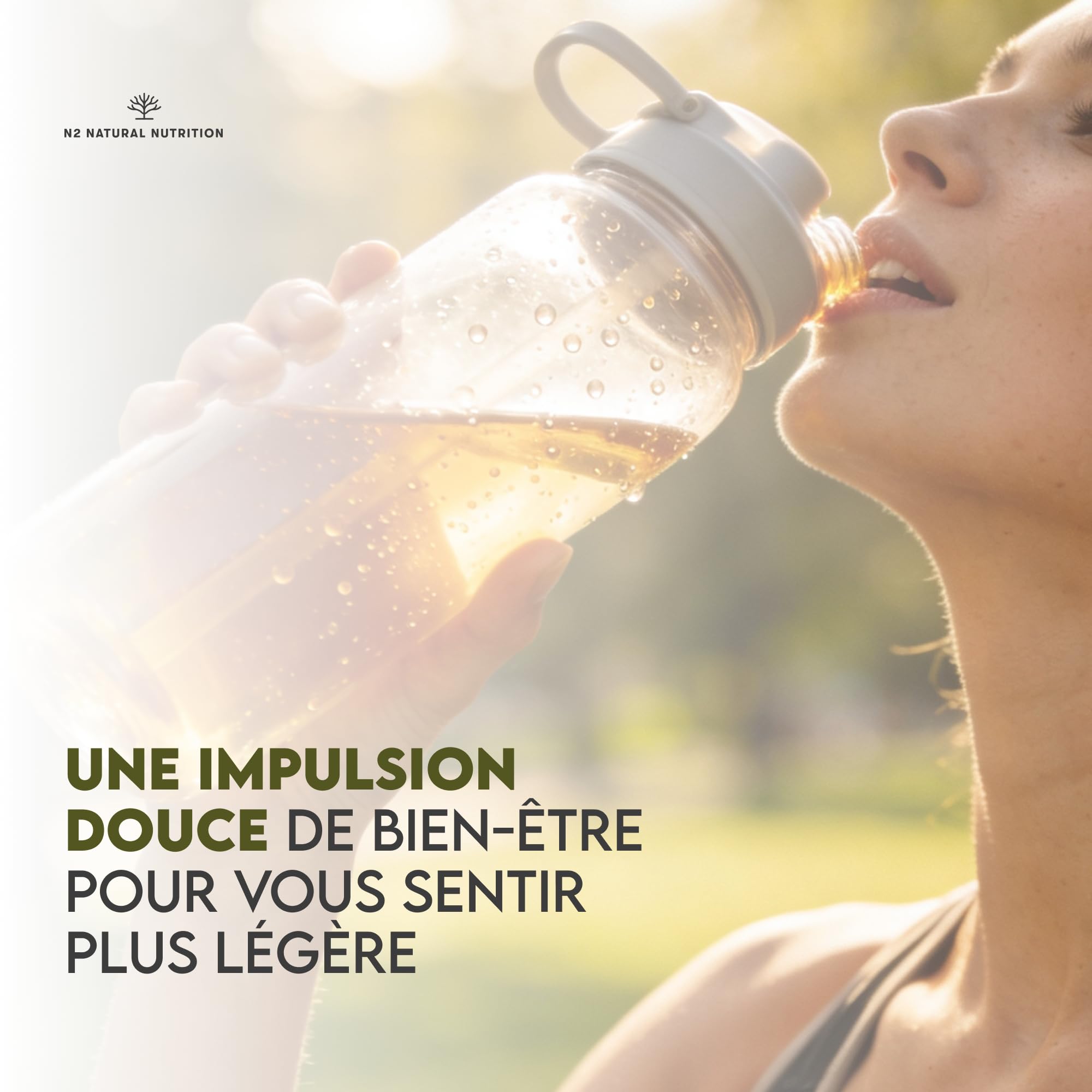 DÉTOX. Formule liquide avec Thé Vert, Pissenlit, Guarana, Papaye, Thé de Java, Maté, Groseiller Noir, Rhubarbe. 500 ml. Formule naturelle, VEGAN. CE. N2 Natural Nutrition