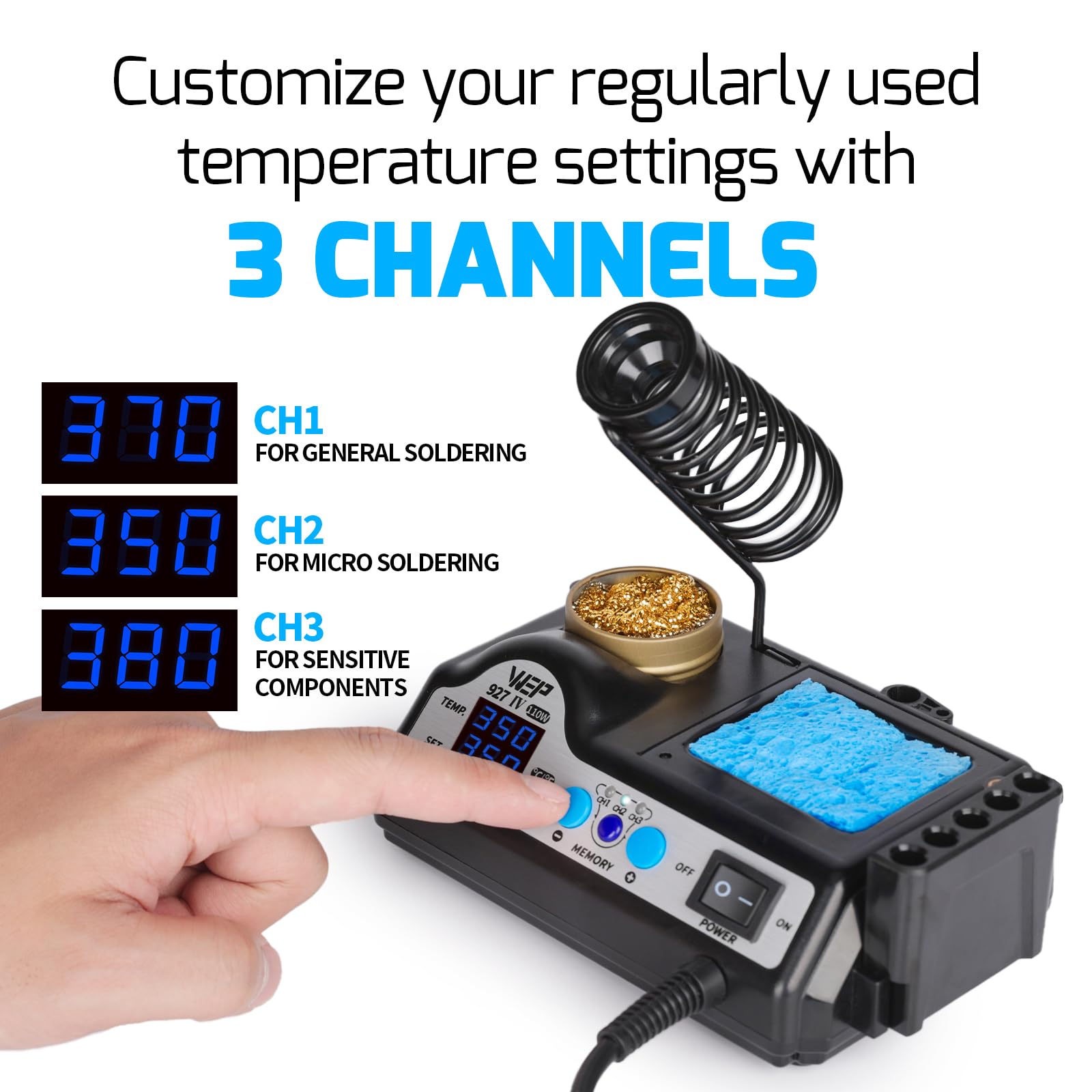 WEP 927-IV V1 Kit Station De Soudage 110W Avec 3 Canaux Préréglés, Mode Veille, Loupe LED, 5 Pointes De Fer Supplémentaires, Nettoyeur De Pointes, 2 Aides à La Prise, Fil à Souder