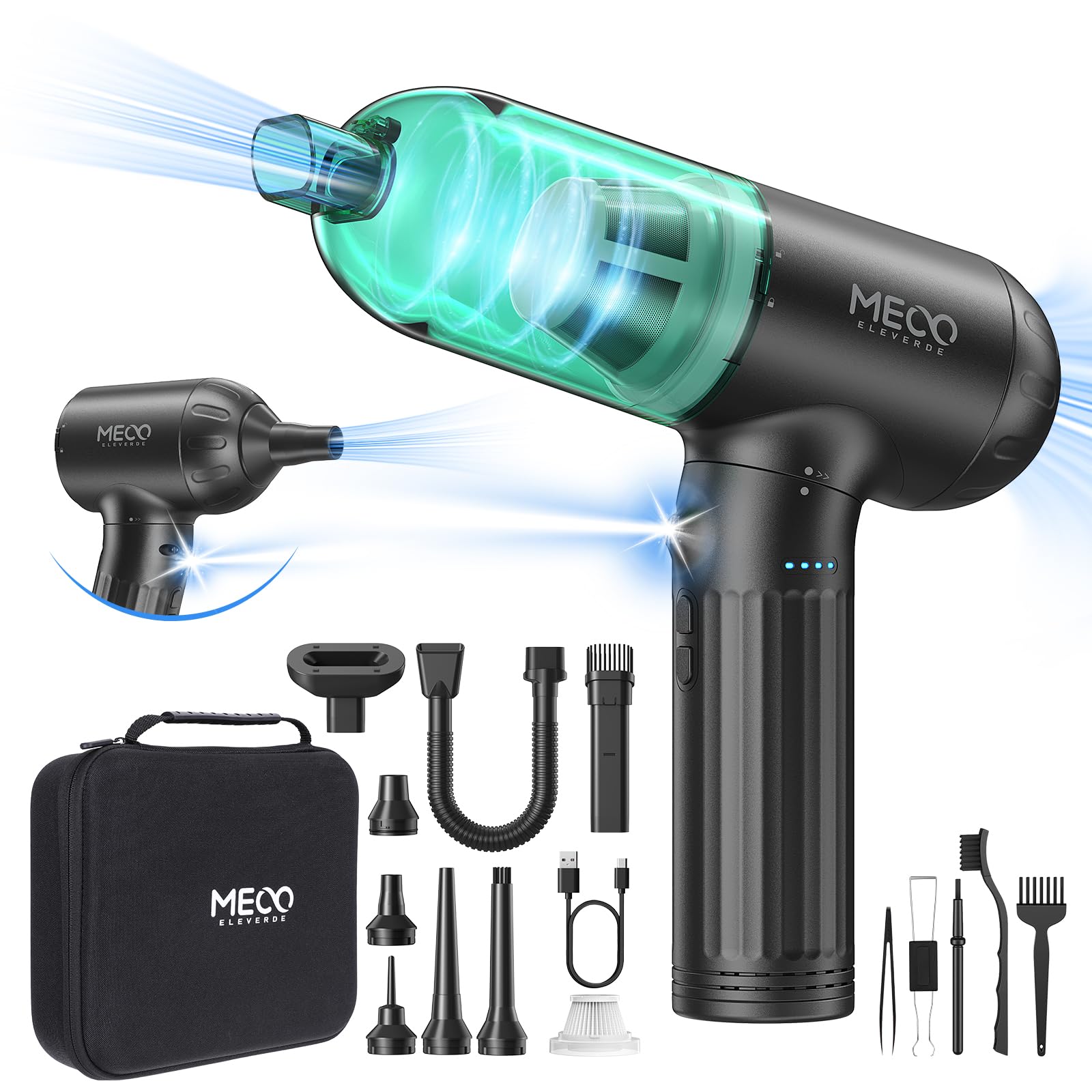 MECO ELEVERDE 4 en 1 Aspirateur Voiture Puissant sans Fil, 18KPA Mini Aspirateur à Main Souffleur Air Comprimé avec Moteur sans Balai et Lumières LED pour Voiture, Maison, PC Bureau (Vert)