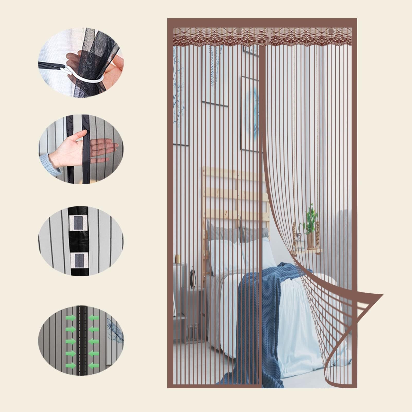 Magnetic Insect Door Curtain 150x260cm Brown Automatic Closing Patio Door Screen Keep Fresh Air In Bugs Out Magnetic Seal for Easy Entry & Exit