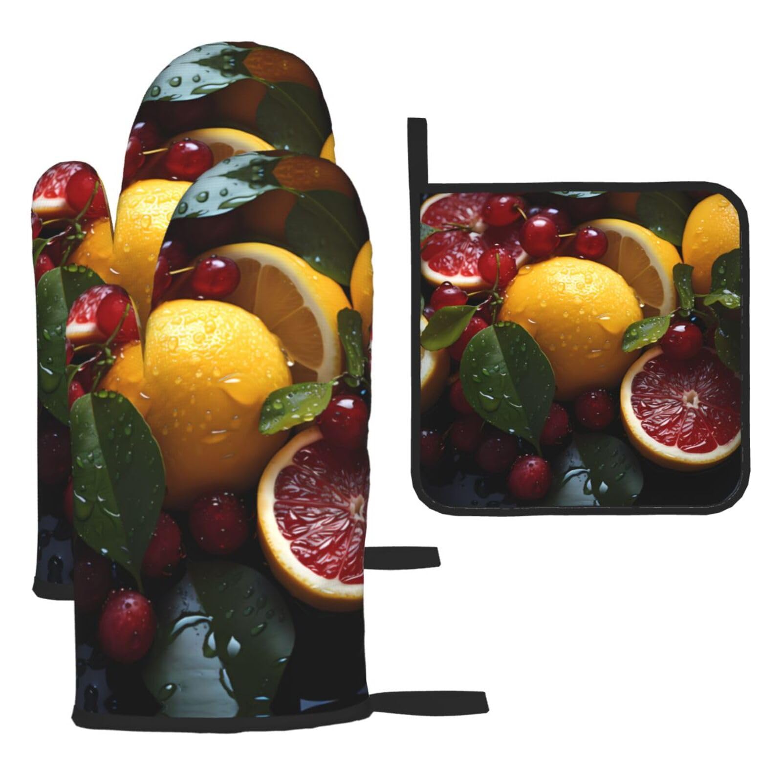Fresh Grapefruit Lemon Oven mittens and oven mitts three-piece set suitable for oven, grilling, baking, microwave and home cooking.