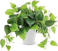 CEWOR Realistic Fake Pothos Artificial Plant in White Plastic Pot - Lifelike 7.9" Potted Greenery for Home Office Bedroom Indoor Outdoor Decor