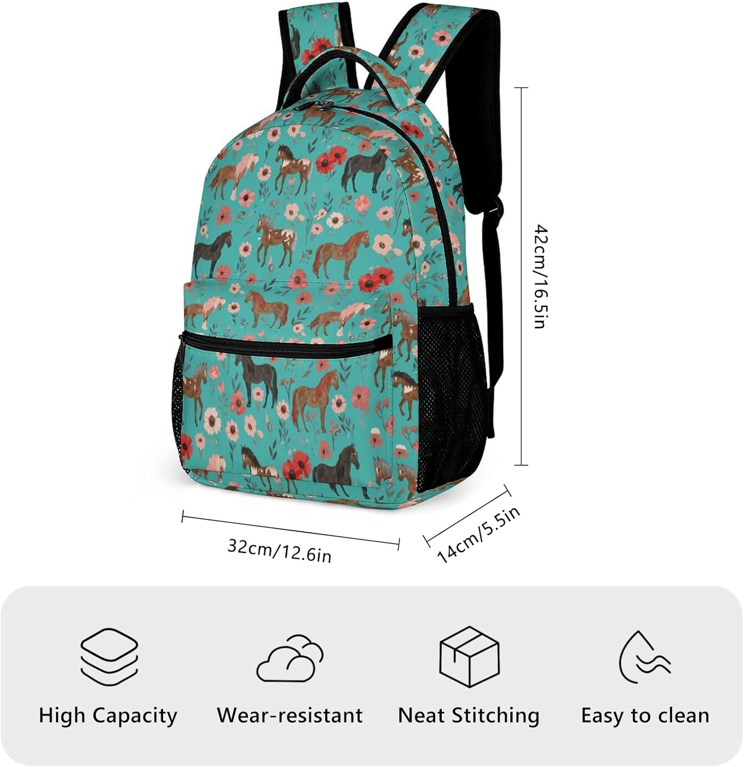 KOYI Horse Backpack Girls Horse with Floral Flowers Backpack for Girls, Kids Horse Backpack for School Travel, Cute Horse Stuff for Girls, Elementary Boys Girls School Backpack, 16.5 Inch, Cyan-Blue - Image 3