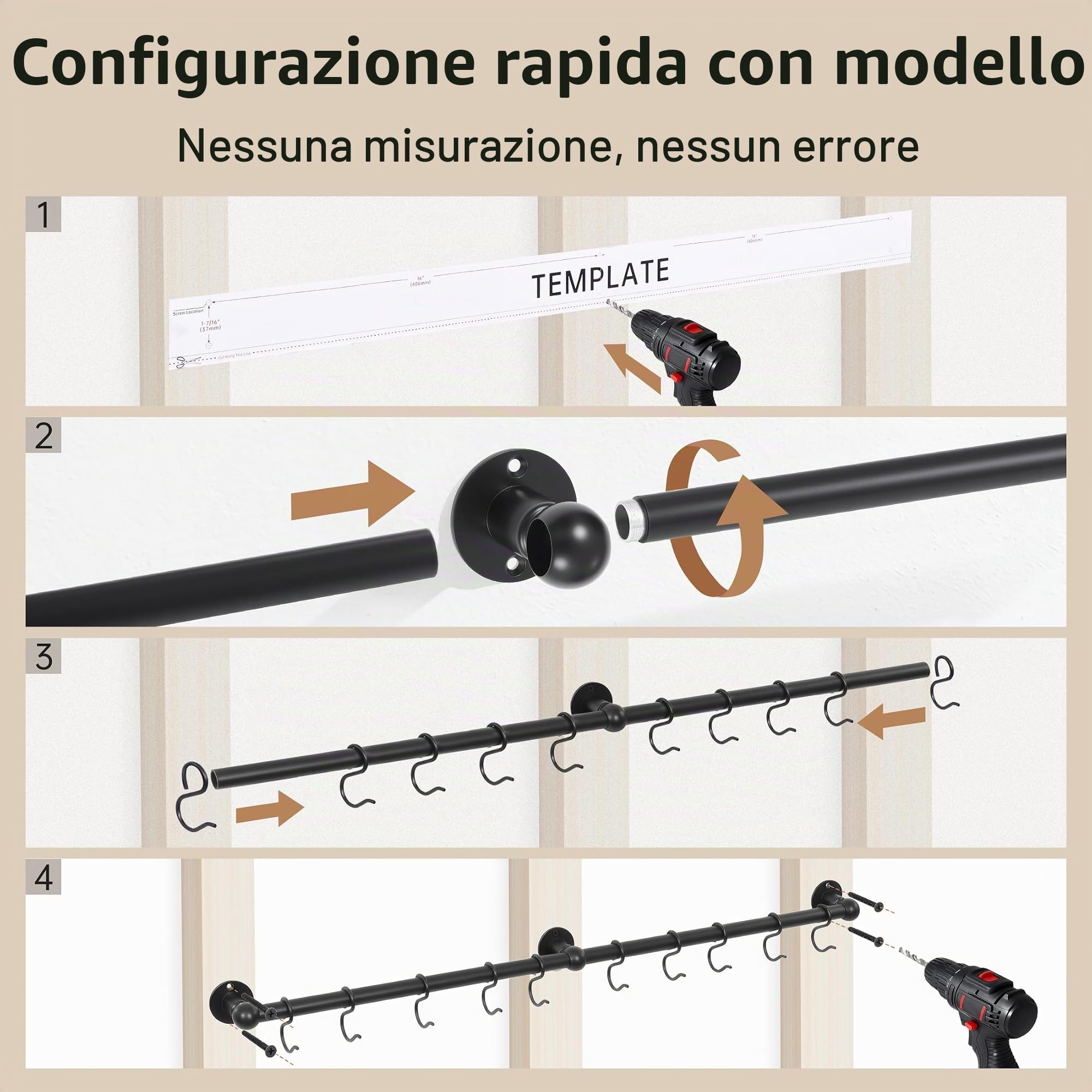 KES KUR228S32-BK - Portavaso da parete ad alta capacità da 59 kg, con 3 tubi spessi, 32 pollici, per cucina con 10 ganci, vite in acciaio inox 18/8 e sagoma di foratura per montaggio a perno da 40,6