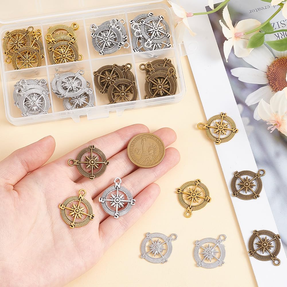 PH PandaHall 60 pcs 4 Colors 1 Inch Tibetan Style Compass Shape Alloy Pendants Charm Spacer Beads for Bracelet Necklace Jewelry DIY Craft Making, Mixed Colors - Image 3