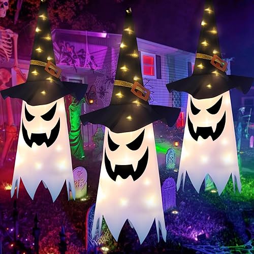 Decoraciones de Halloween, 3 piezas de decoración al aire libre colgante iluminado fantasma brillante, calcetines de viento para interiores y