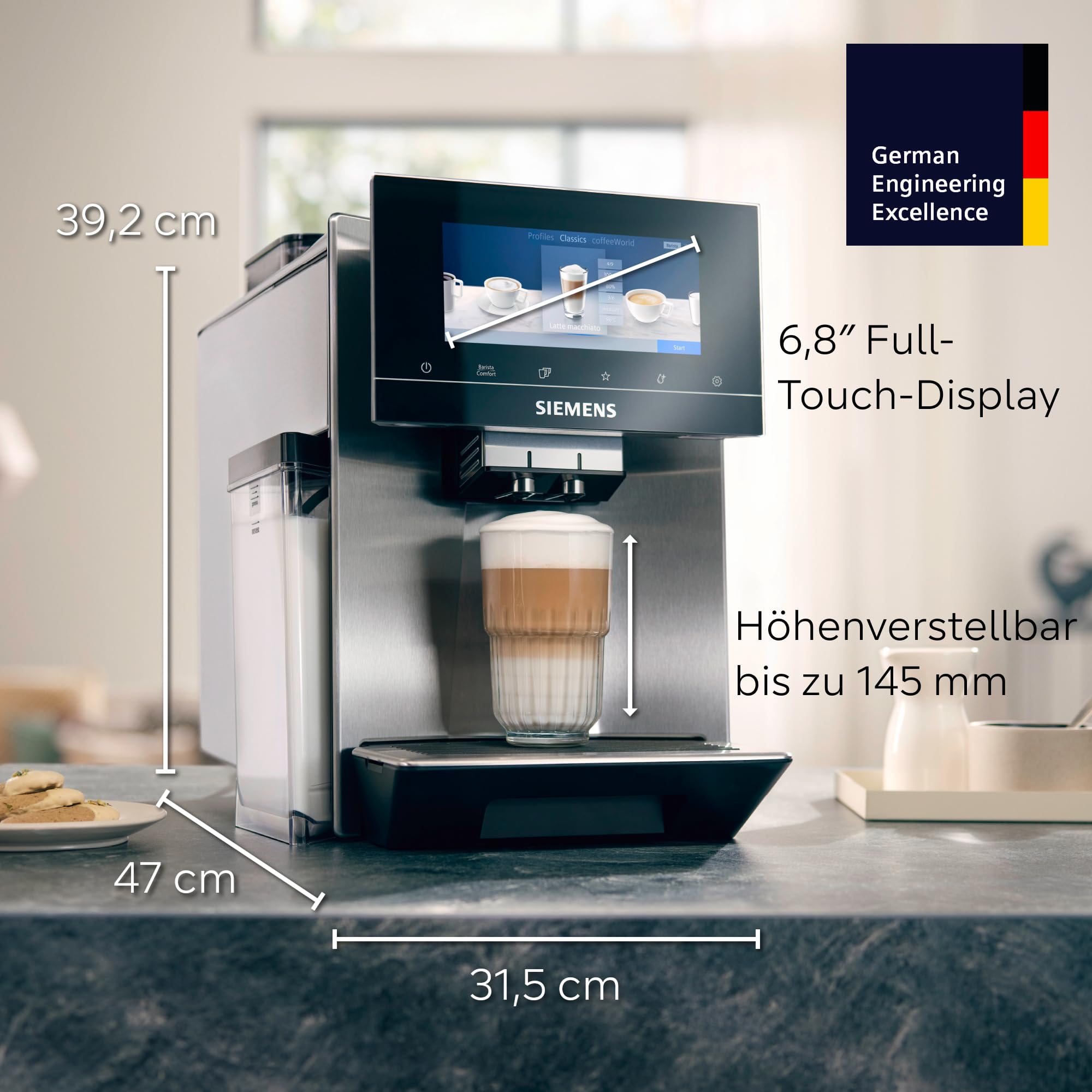 Siemens Kaffeevollautomat EQ900, großes farbiges TFT-Display, 36 Heiß- und Kaltgetränke, Cold Brew, super leise, Keramikmahlwerk, Doppeltassenfunktion, Steuerung per App, Edelstahl, TQ905D03
