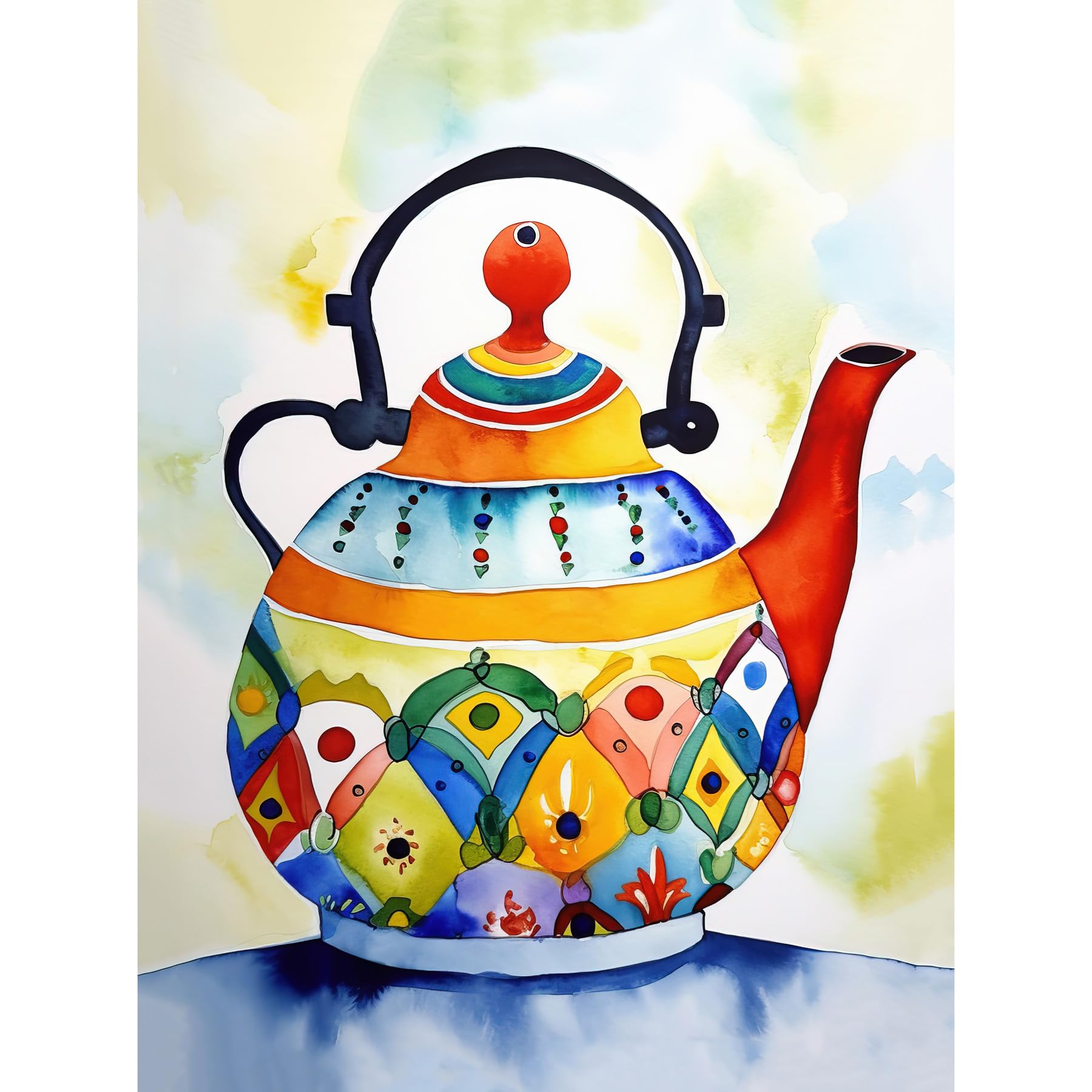 Artery8 Enamelled Patterned Teapot Tea Kettle Folk Art Watercolour Painting Unframed Art Print Poster Wall Decor 12x16 inch