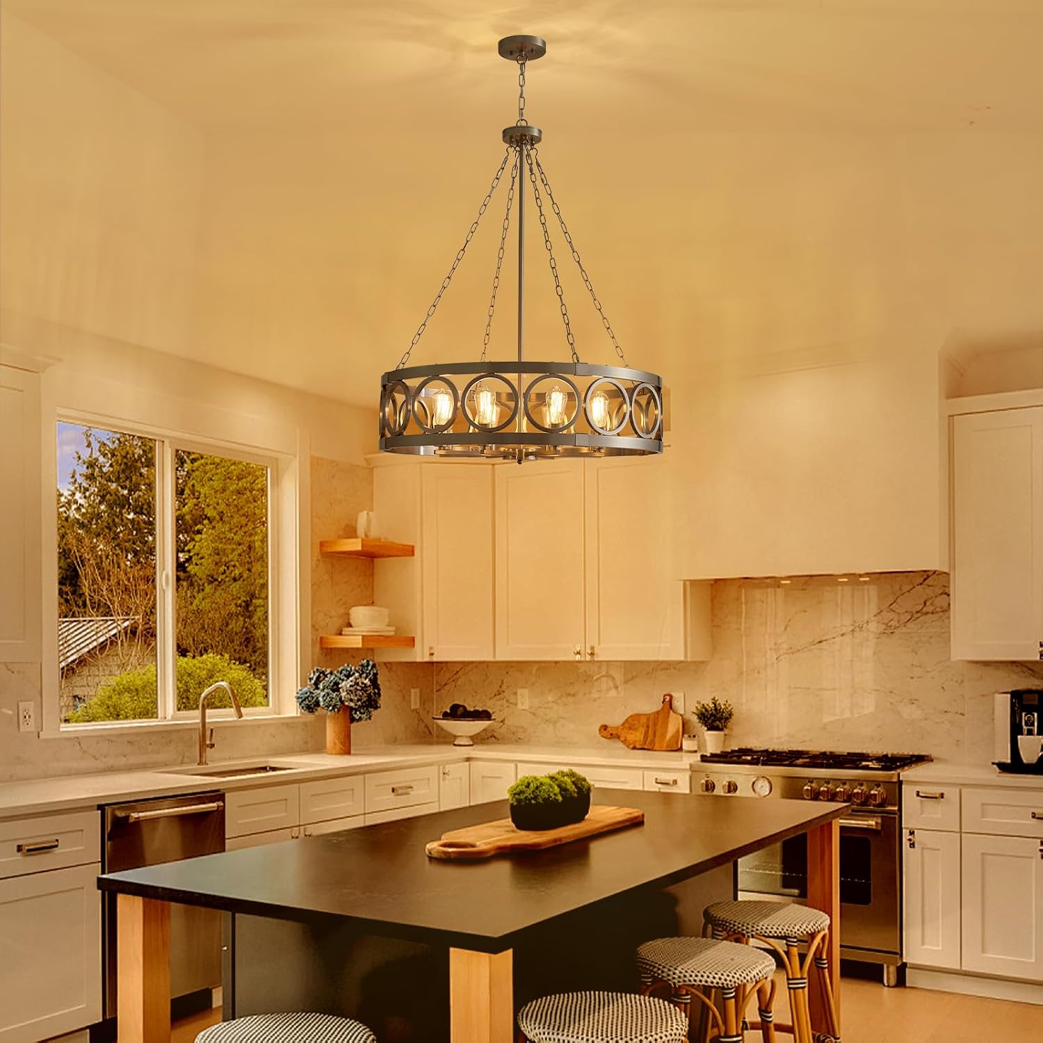 XINGQI Large Drum Chandelier 32.3" Brushed Nickel Chandeliers for Dining Room, Modern 8-Light Round Pendant Lighting Fixture for Living Room Office Kitchen Island