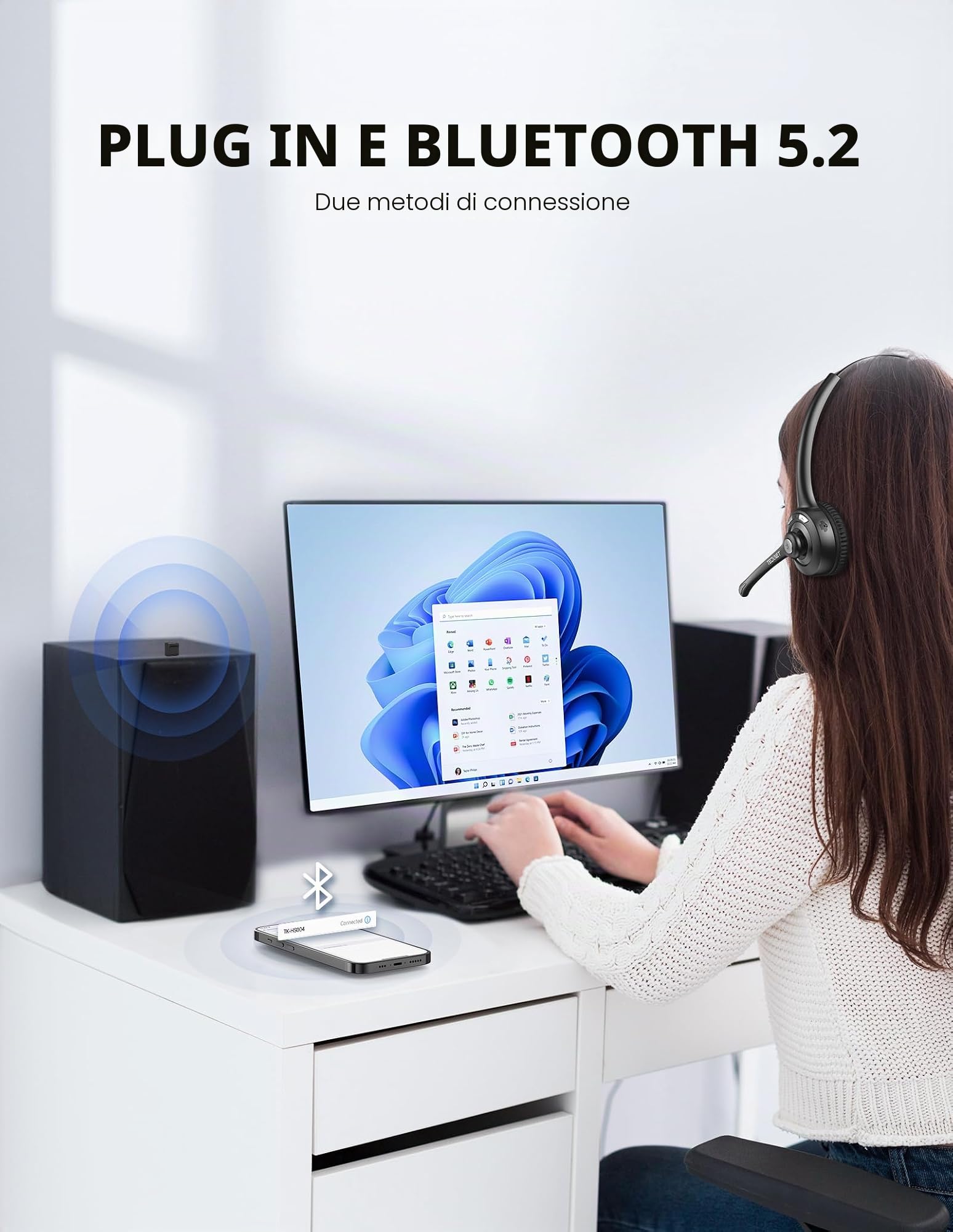 TECKNET Auricolare Bluetooth & Dongle USB, cuffie wireless ad orecchio con microfono a cancellazione di rumore, auricolare senza fili a mano libera per cellulare, PC, casa, ufficio, call center