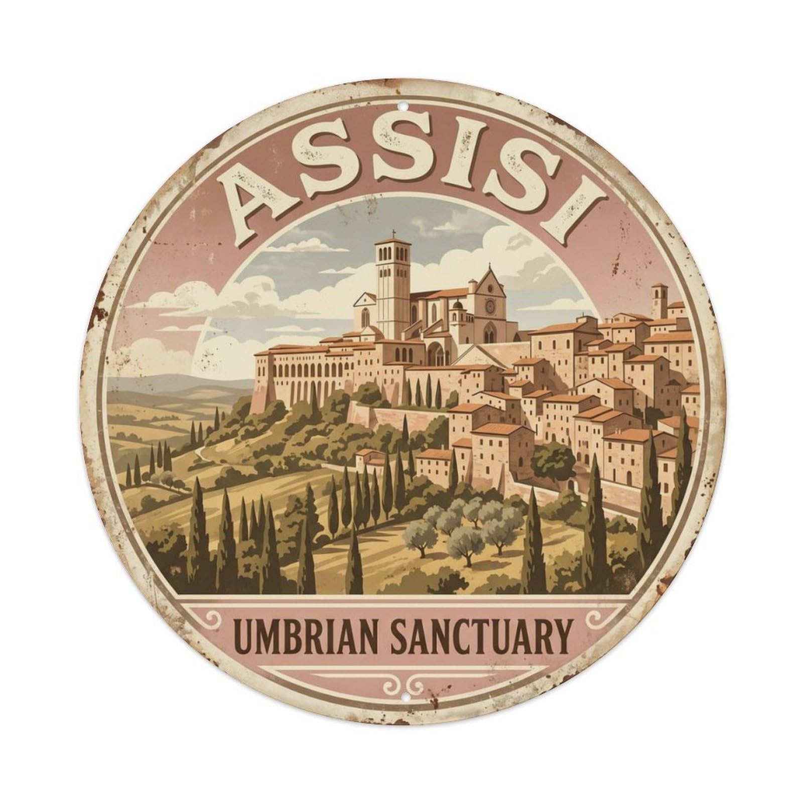 Vintage Travel Assisi Basilica Umbrian Metal Tin Sign Plaque Wall Decor for Cafe, Club, Garden Round Metal Poster 8x8Inch